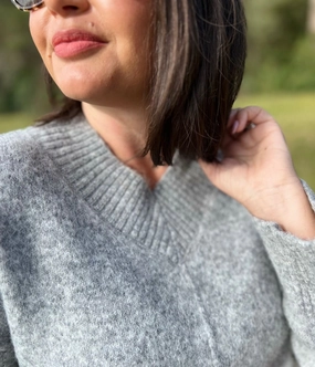 Grey Wool Blend V Neck Jumper All-Season Fit soft fit