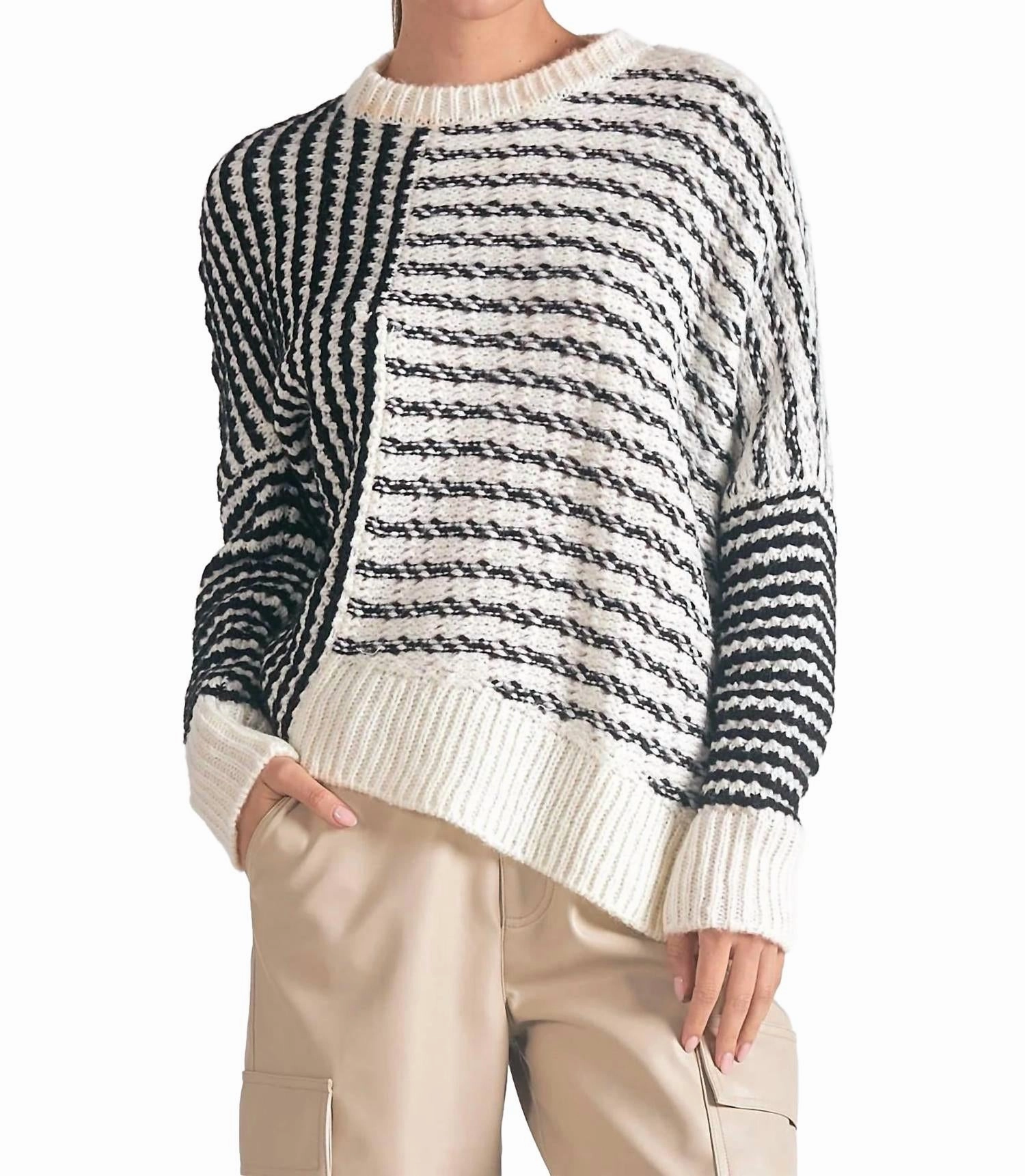 Mara Round Neck Sweater In Black White Stripe Static Reducing Finish