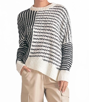 Mara Round Neck Sweater In Black White Stripe Static Reducing Finish