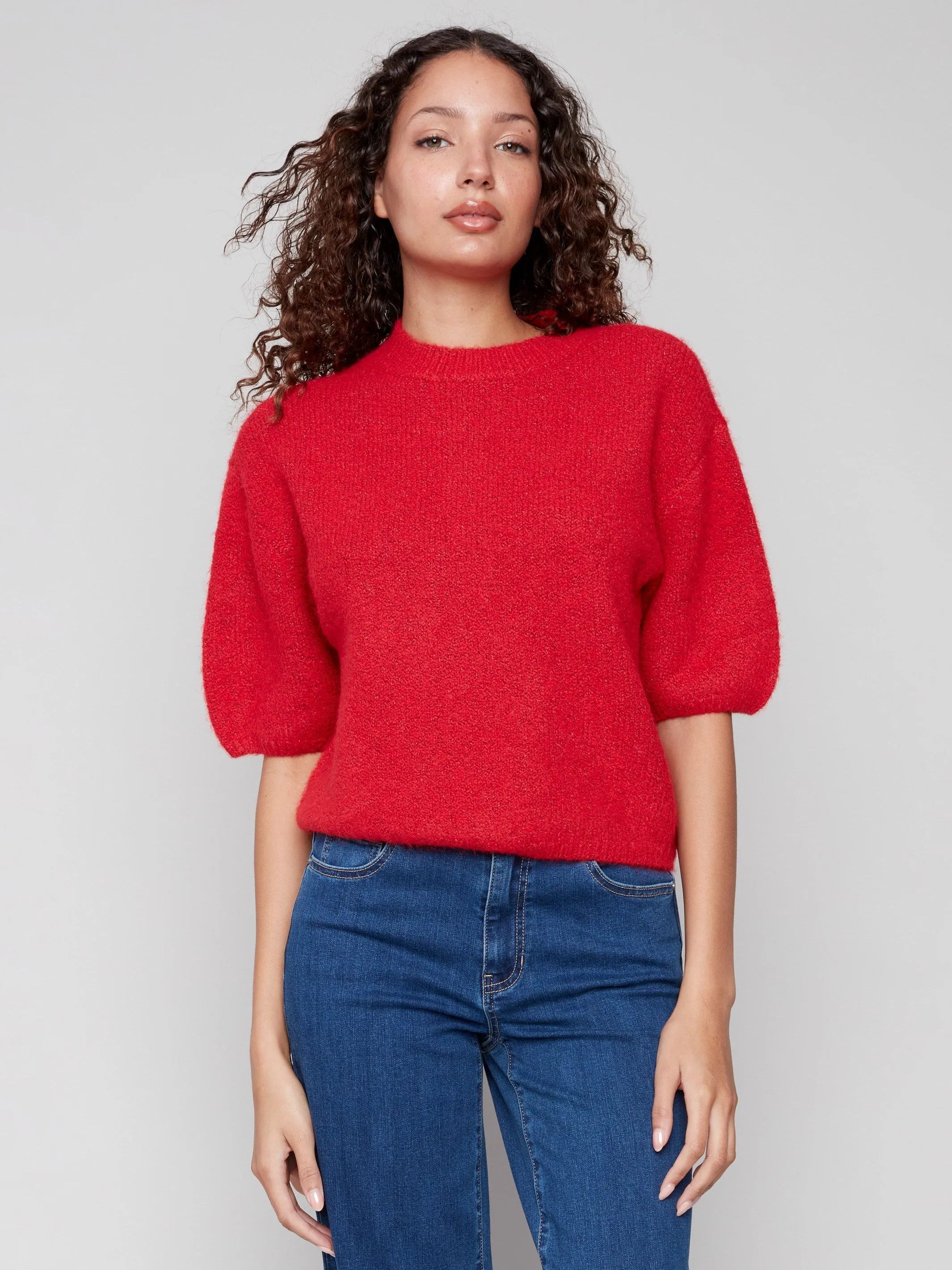 Casual Essential Comfortable Style Balloon Elbow Sleeve Knit Sweater - Crimson