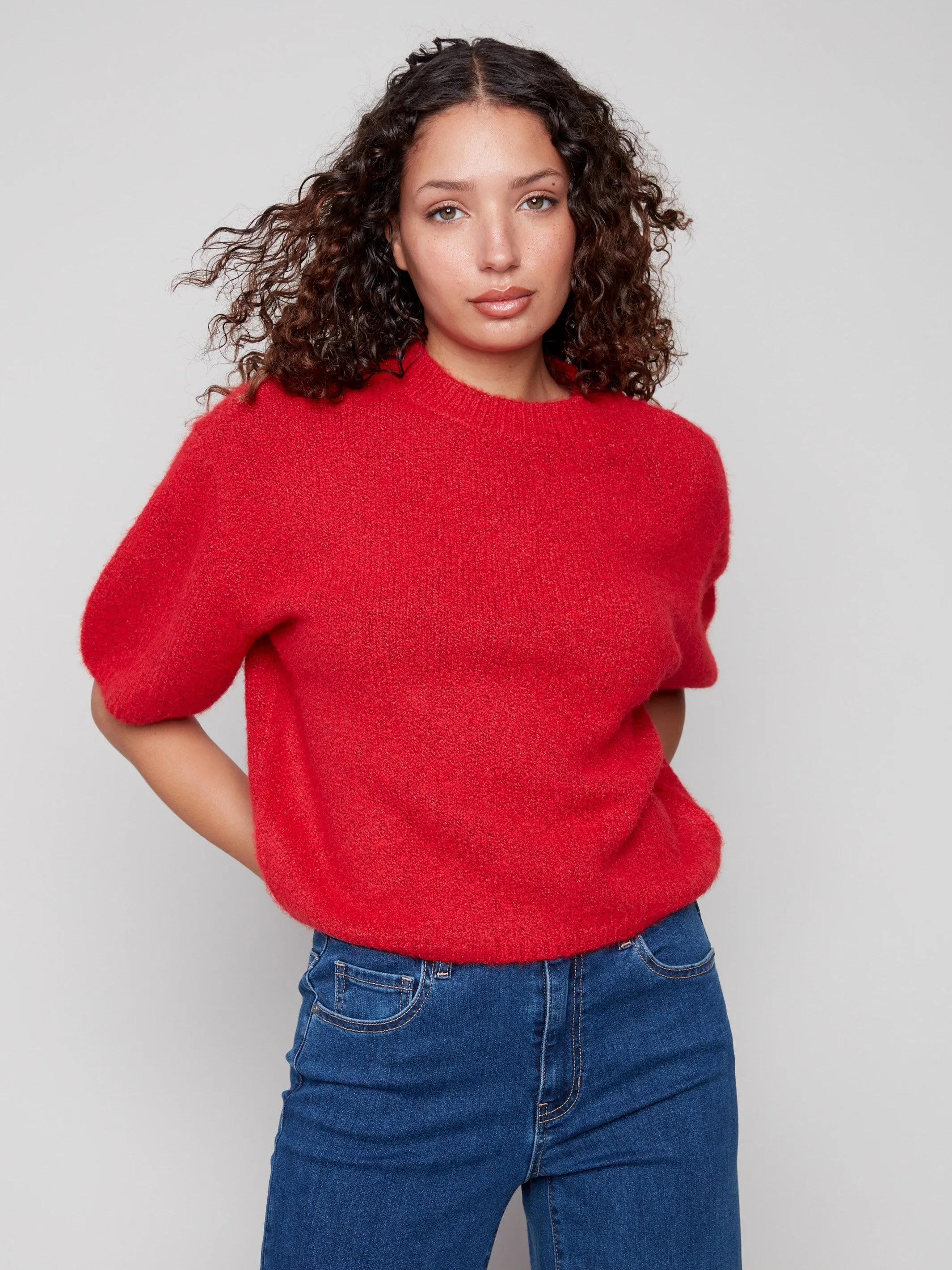 Perfect Layer Wear Sustainable production Balloon Elbow Sleeve Knit Sweater - Crimson