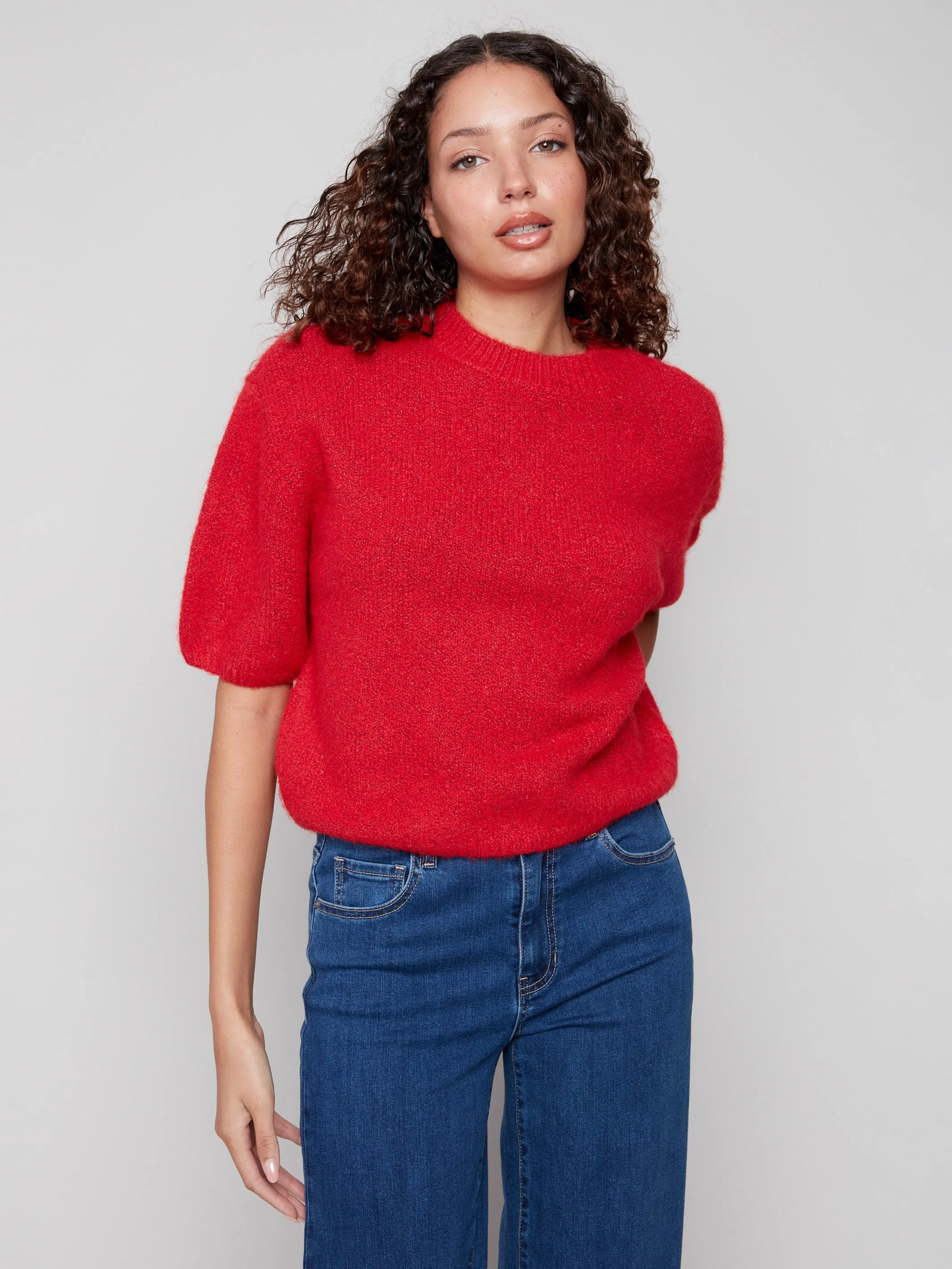 Balloon Elbow Sleeve Knit Sweater - Crimson Versatile Design Summer Favorite