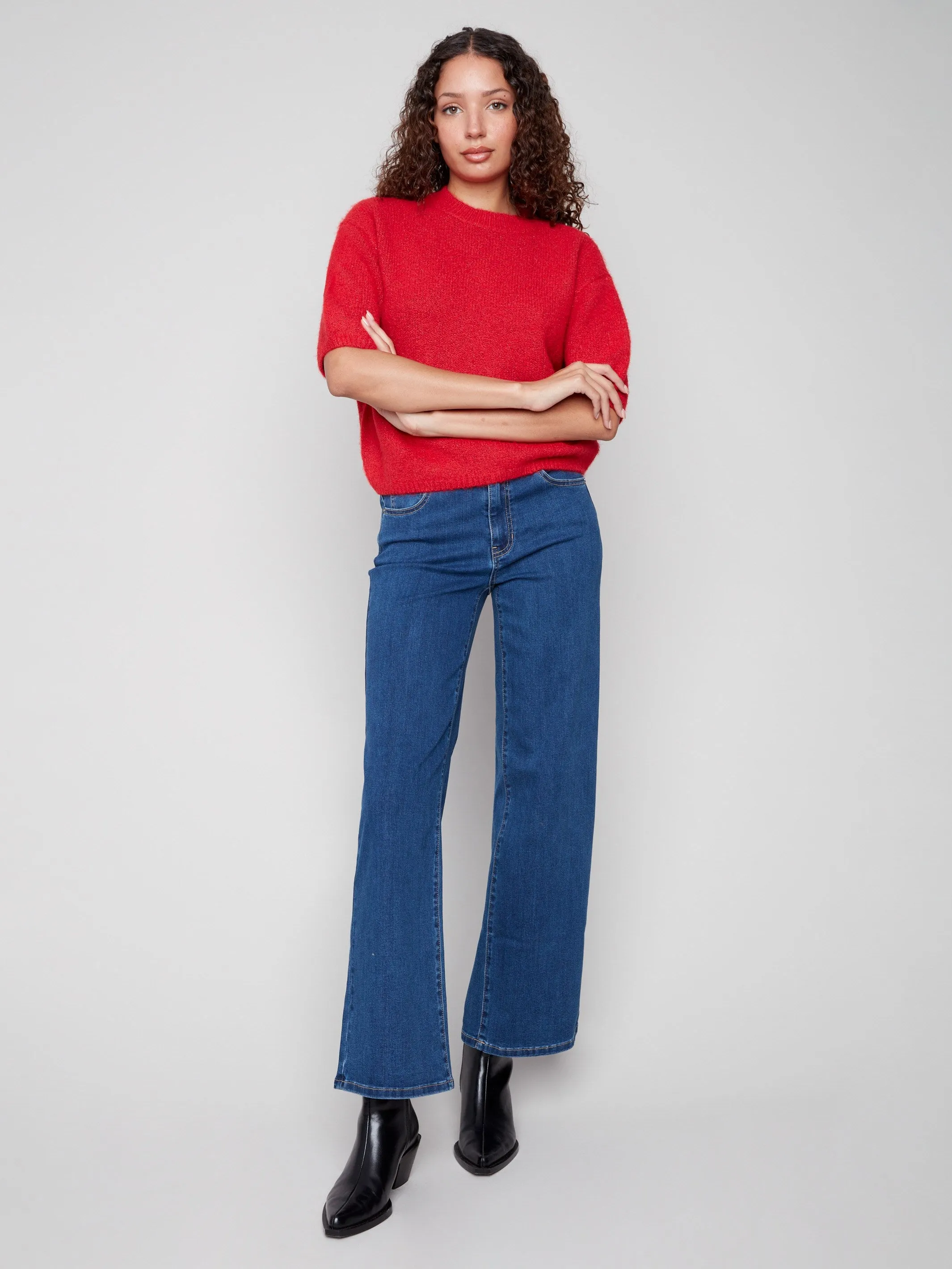 Linen blend Comfortable And Trendy Balloon Elbow Sleeve Knit Sweater - Crimson