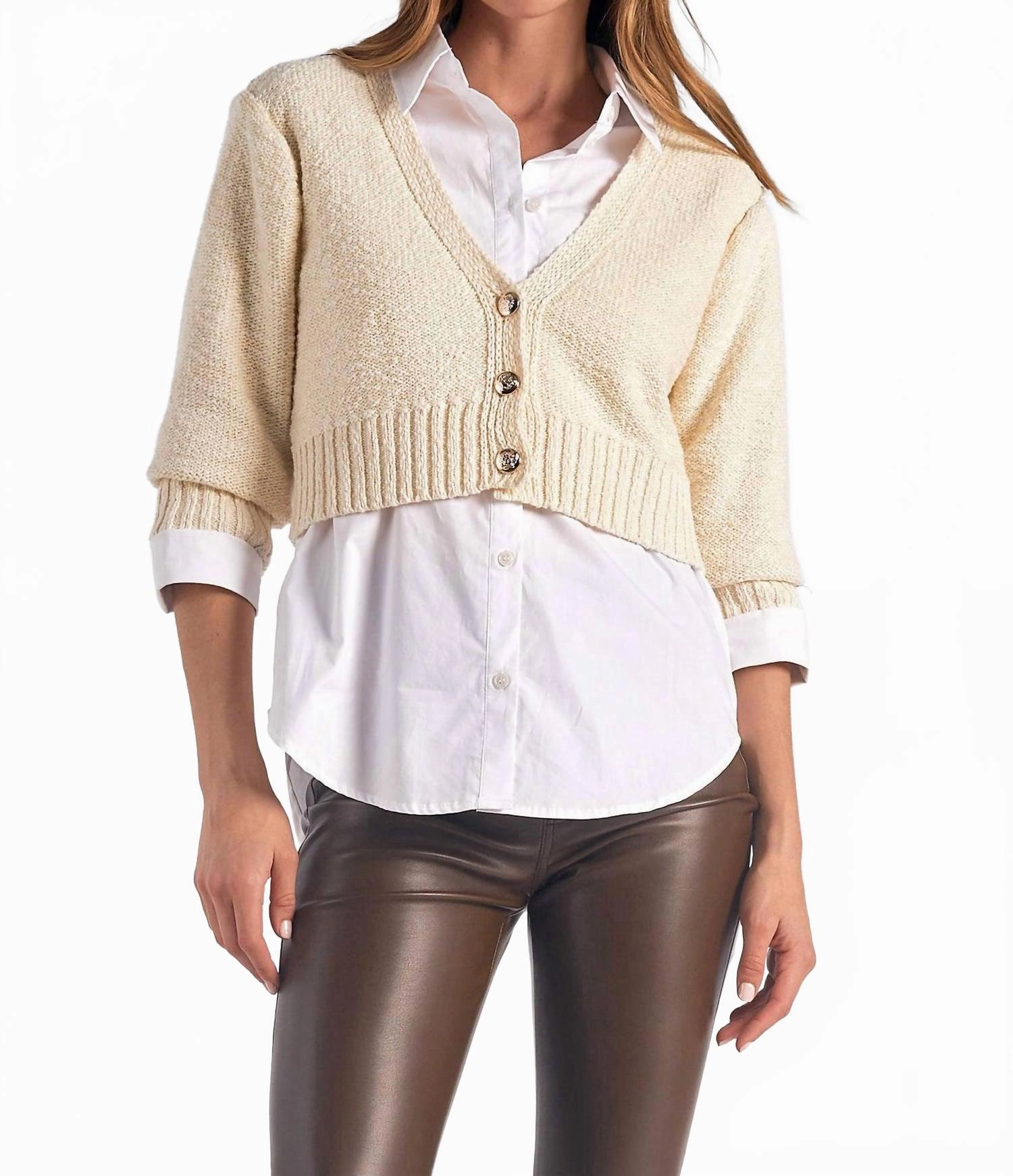 Machine washable Quick Dry Material Heidi V-Neck Sweater Collar Top Set In Off White