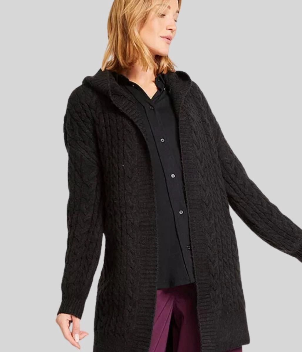 Black Chunky Cable Knit Hooded Plus Size Cardigan Street Style Cold Weather Must-Have