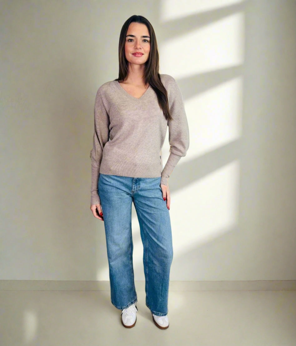 Functional Design Oatmeal Fine Ribbed V Neck Jumper