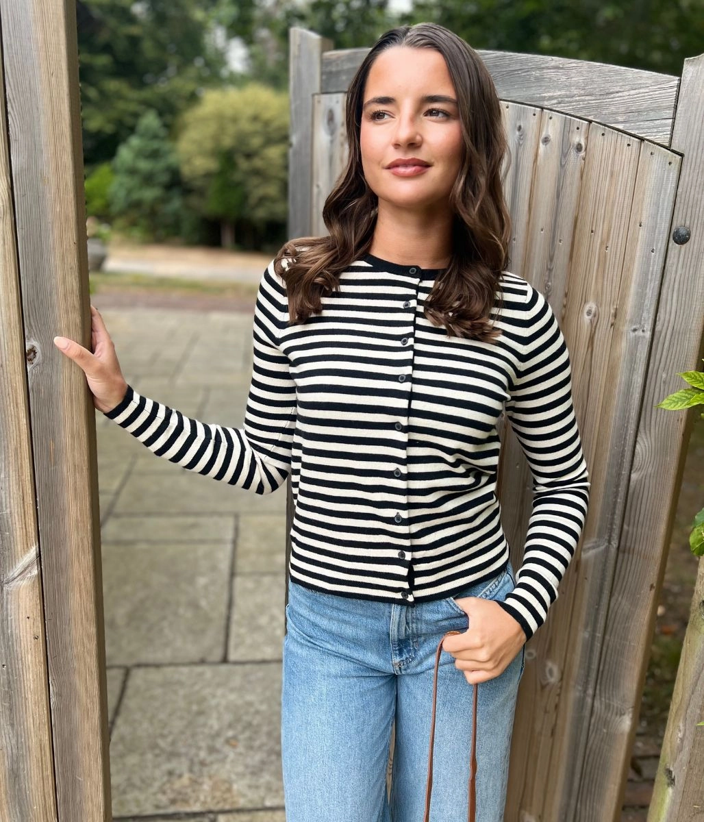 Black & White Striped Classic Cardigan Versatile Performance