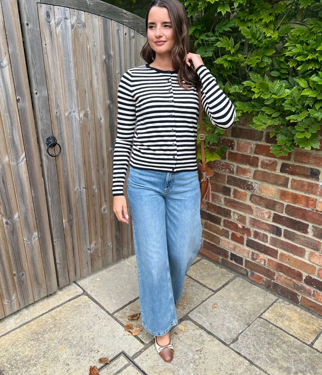 Relaxed Knitwear Cold-Weather Ready Black & White Striped Classic Cardigan