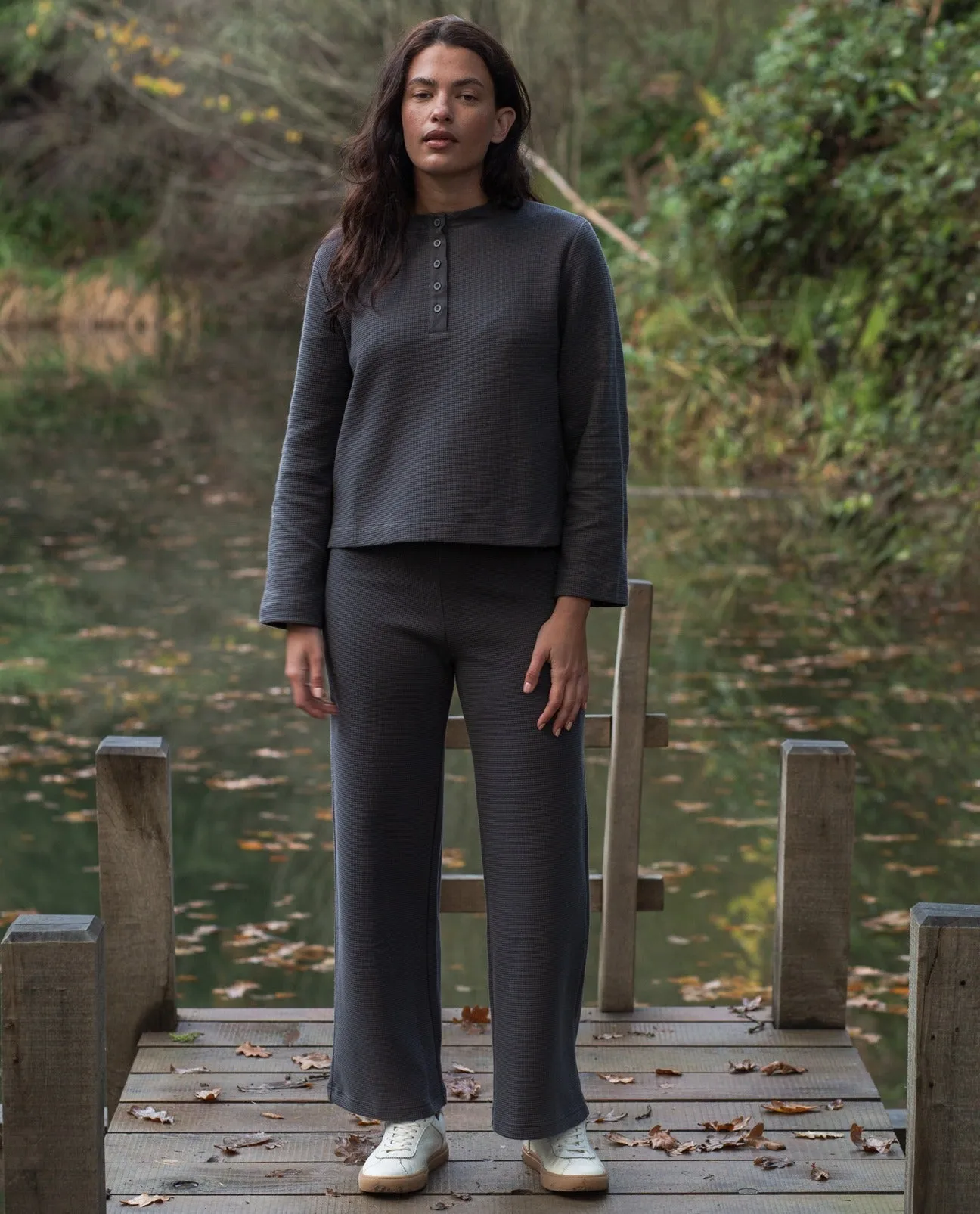 Sorrel Organic Cotton Waffle Trouser in Slate Flexible Comfort Wear Move Friendly