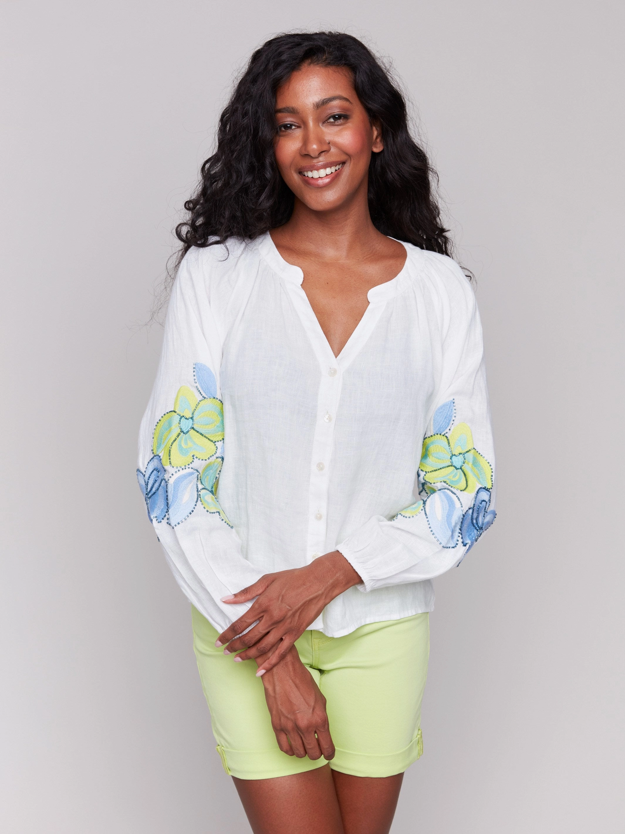 Recycled Polyester Blend Effortless Comfort Linen Blend Button-Front Embroidered Blouse - Anise