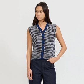 Striped Donegal V Neck Tank Ink/Biscuit Subtle Texture Detail Sporty Layers