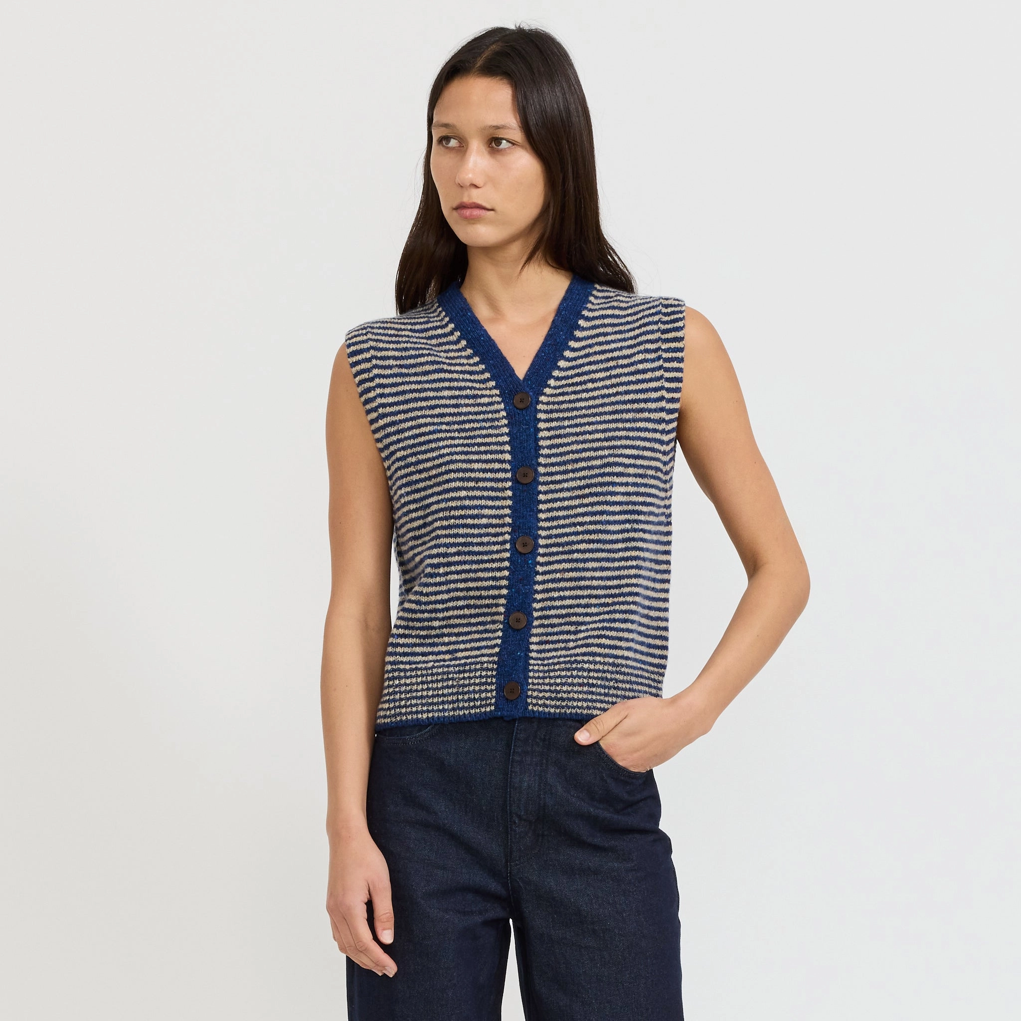 Striped Donegal V Neck Tank Ink/Biscuit Subtle Texture Detail Sporty Layers