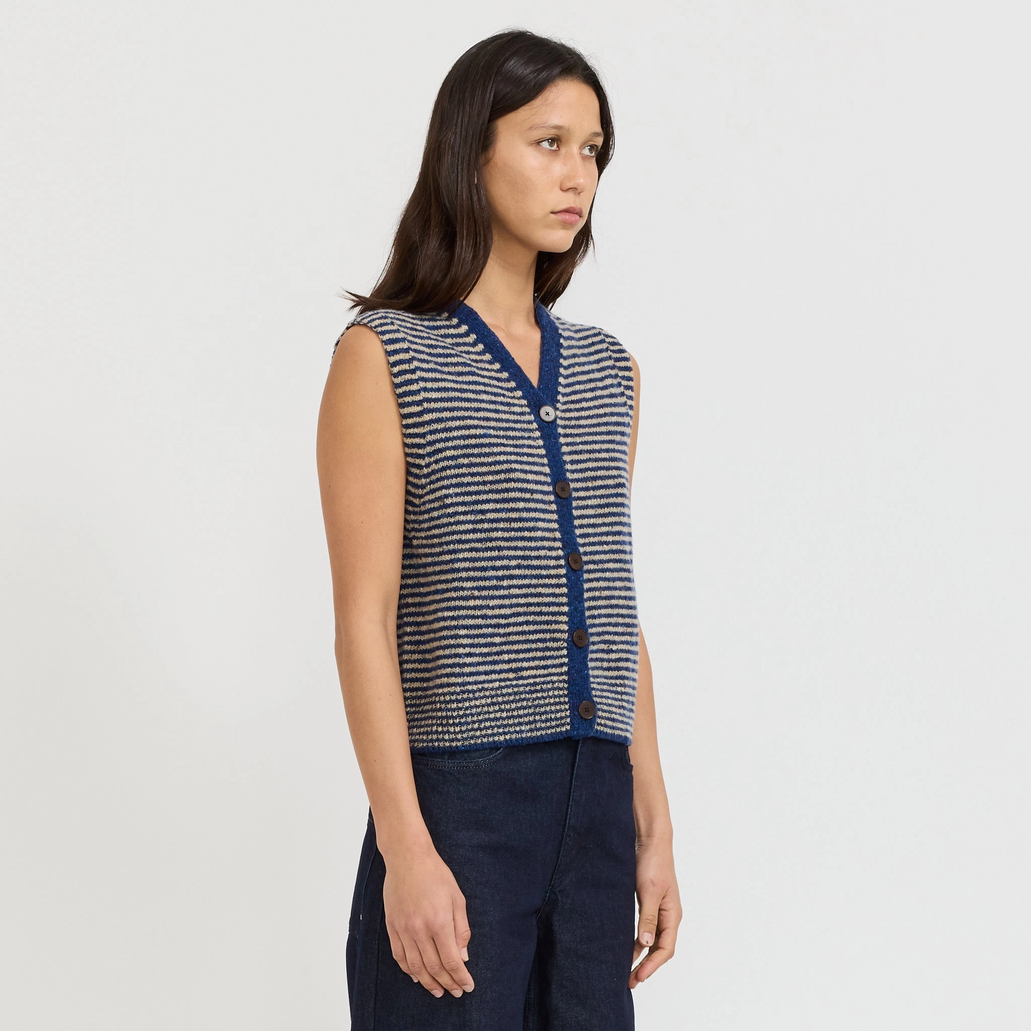 Striped Donegal V Neck Tank Ink/Biscuit Odor Resistant Fabric Stretch waistband