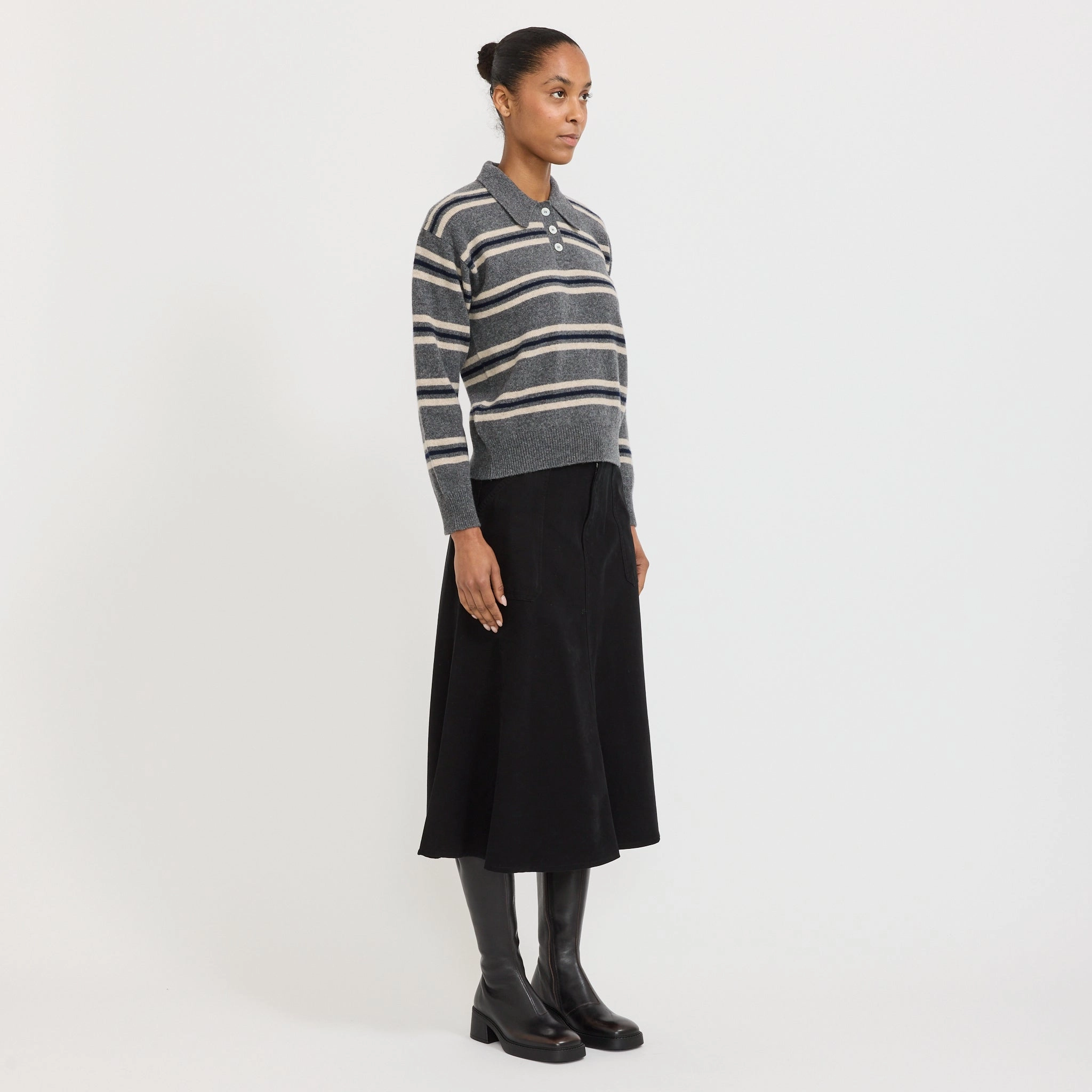 Edith Stripe Polo Grey Multi Soft Knit Style Slim Stretch