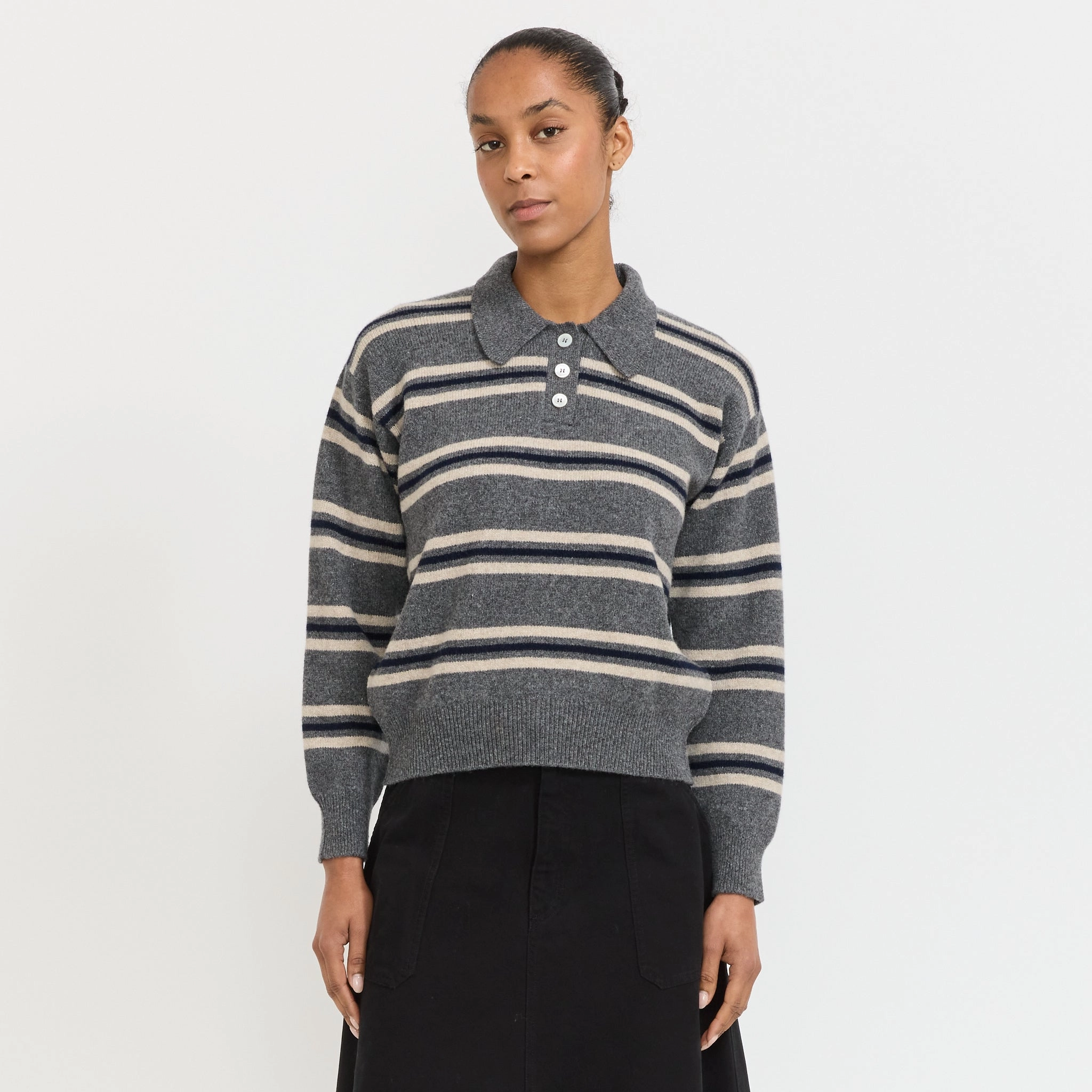 Edith Stripe Polo Grey Multi Snug Fit Knit