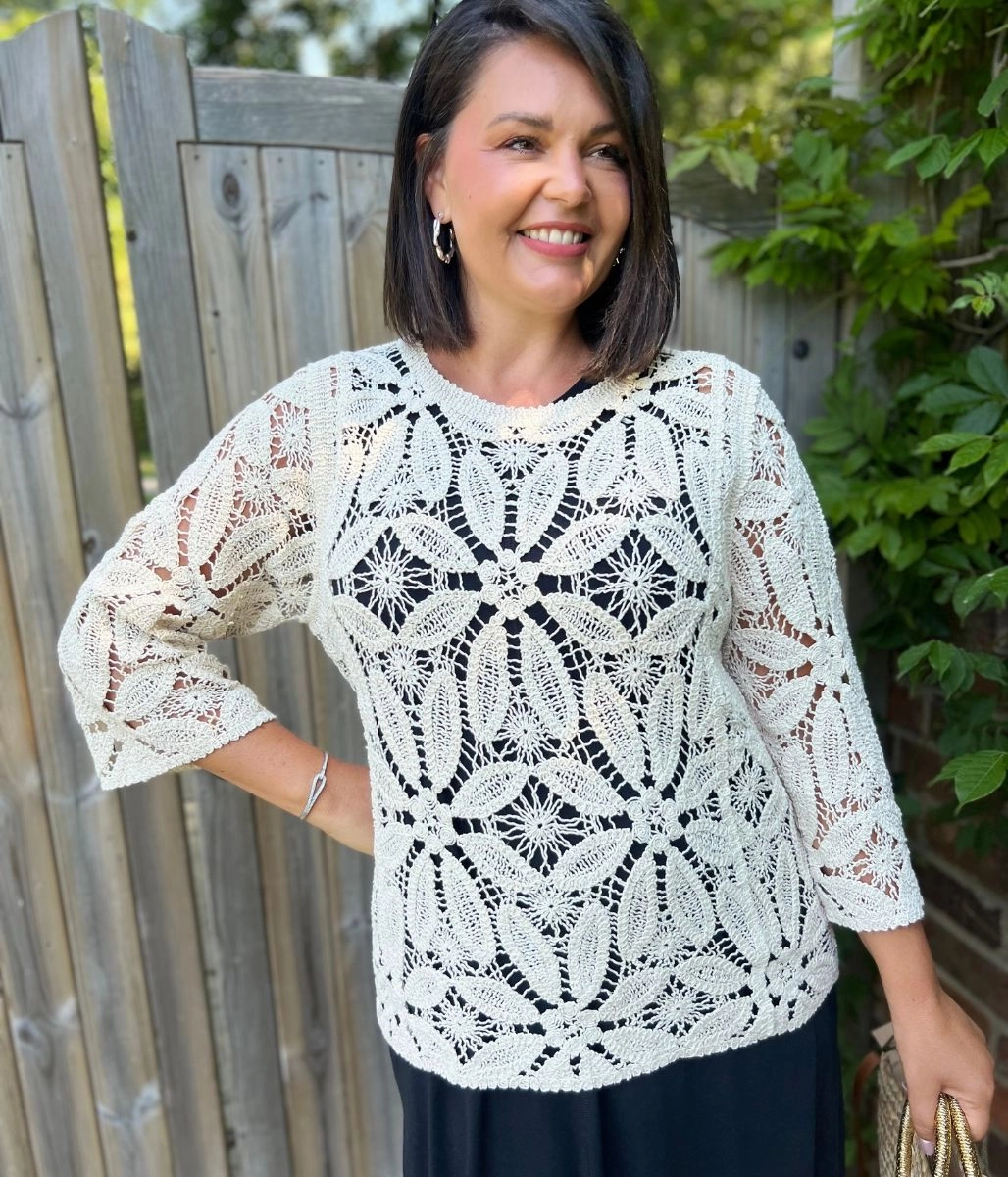 Chilly Ready Layer Ready Natural Crochet 3/4 Sleeve Top