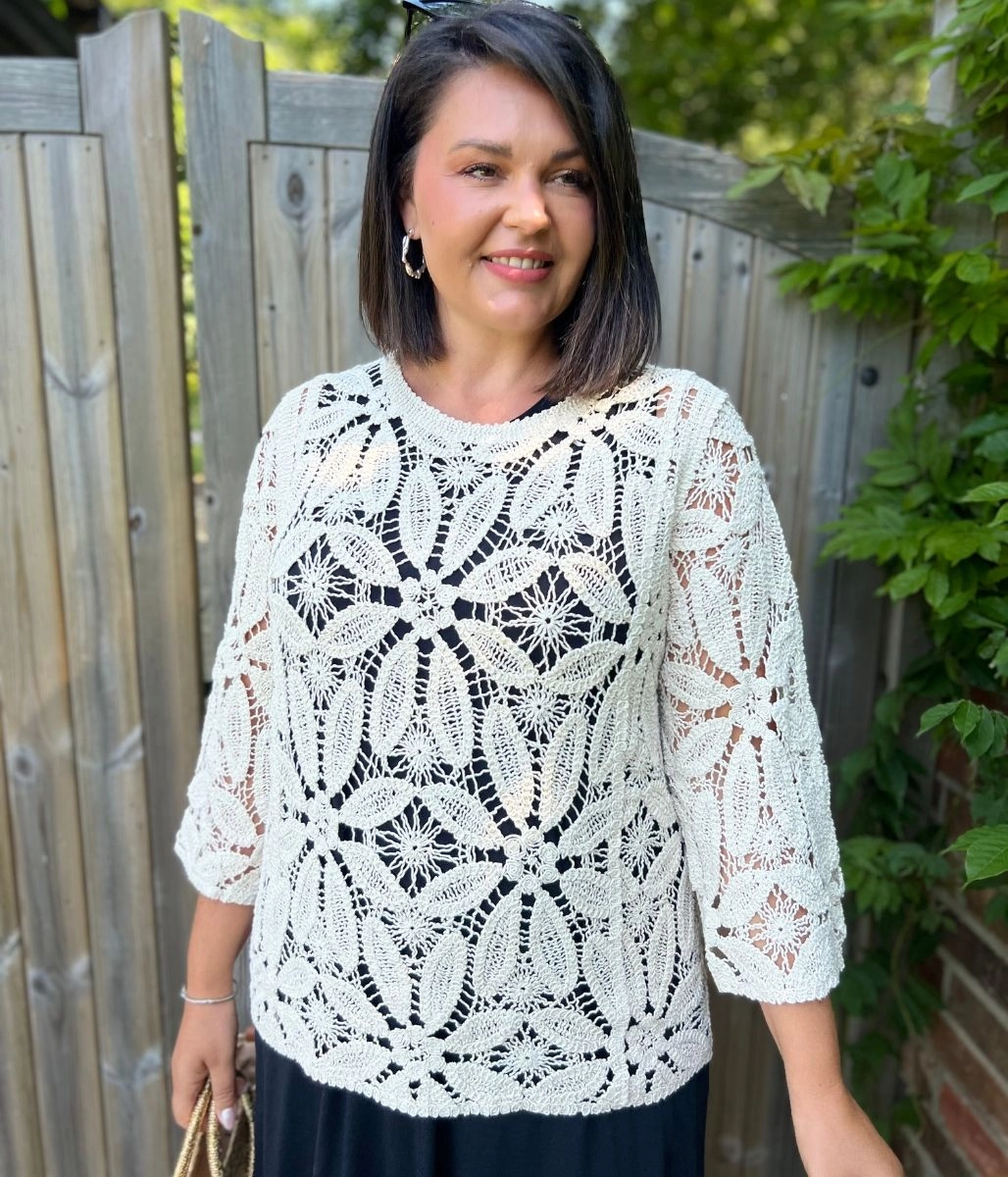 Snuggle Wear Timeless Design Natural Crochet 3/4 Sleeve Top