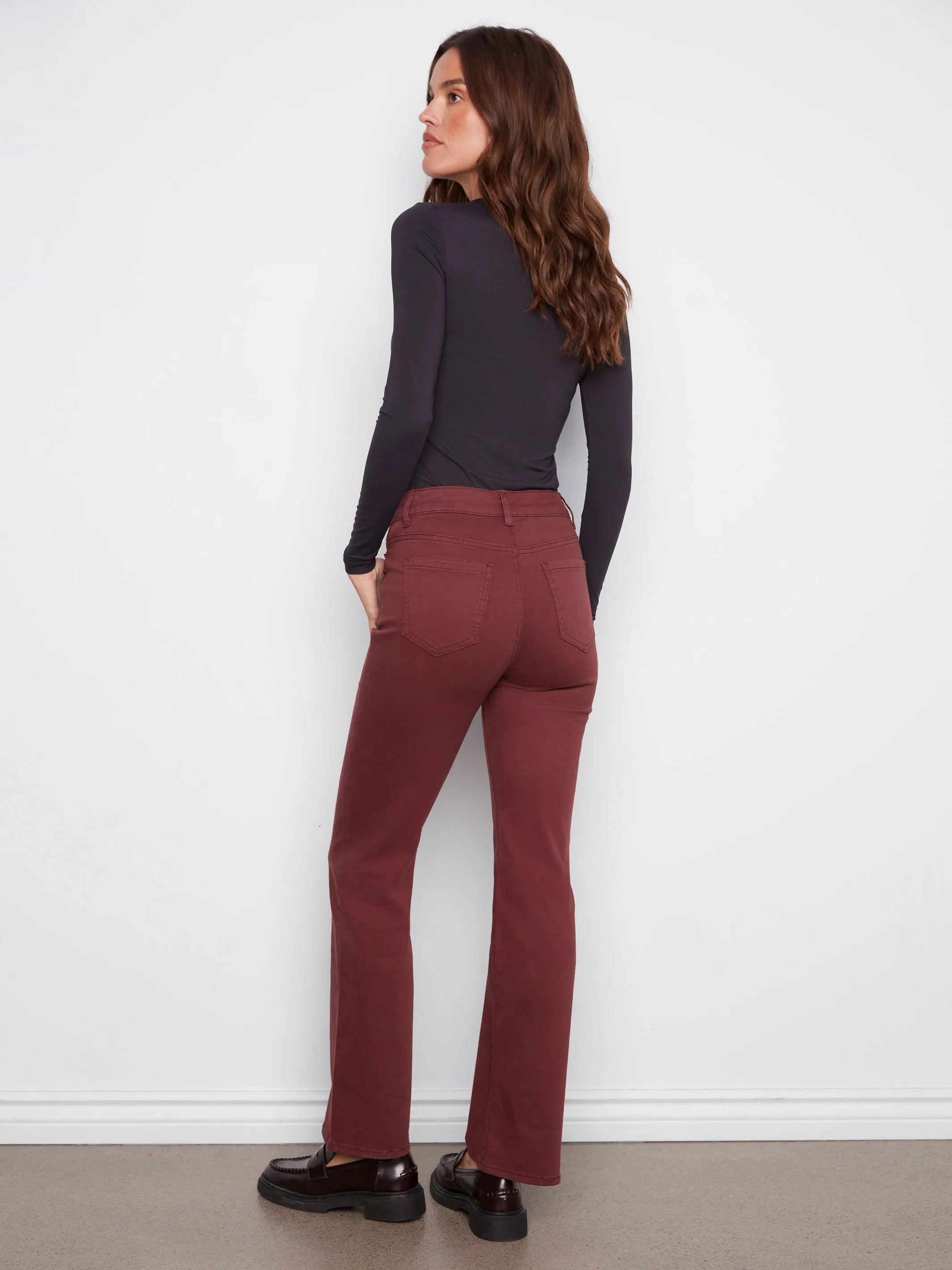 Street Ready Patch Pocket Flare Twill Pants With Rivets - Cabernet