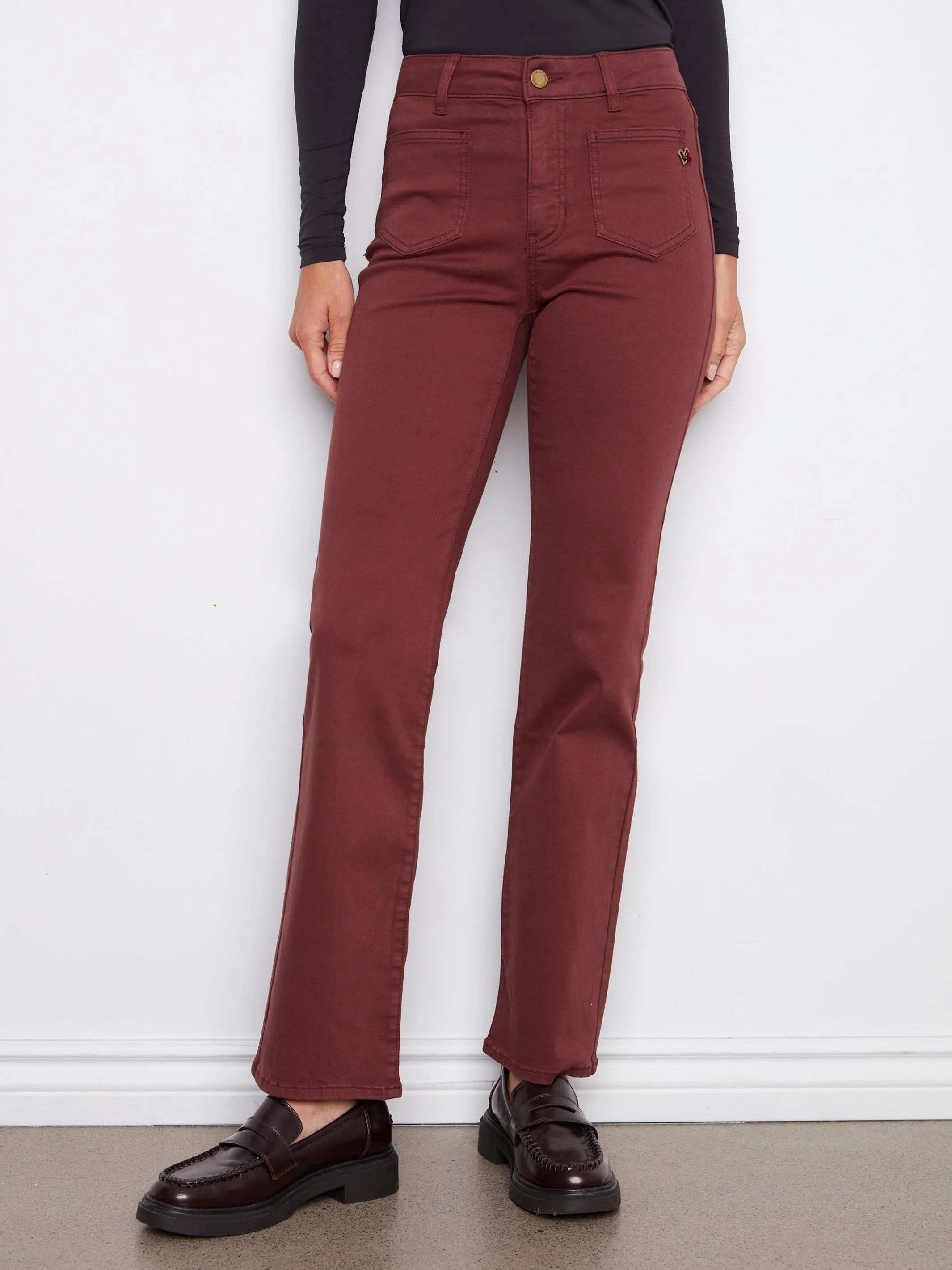 Patch Pocket Flare Twill Pants With Rivets - Cabernet All Purpose Wear No Gap Waist