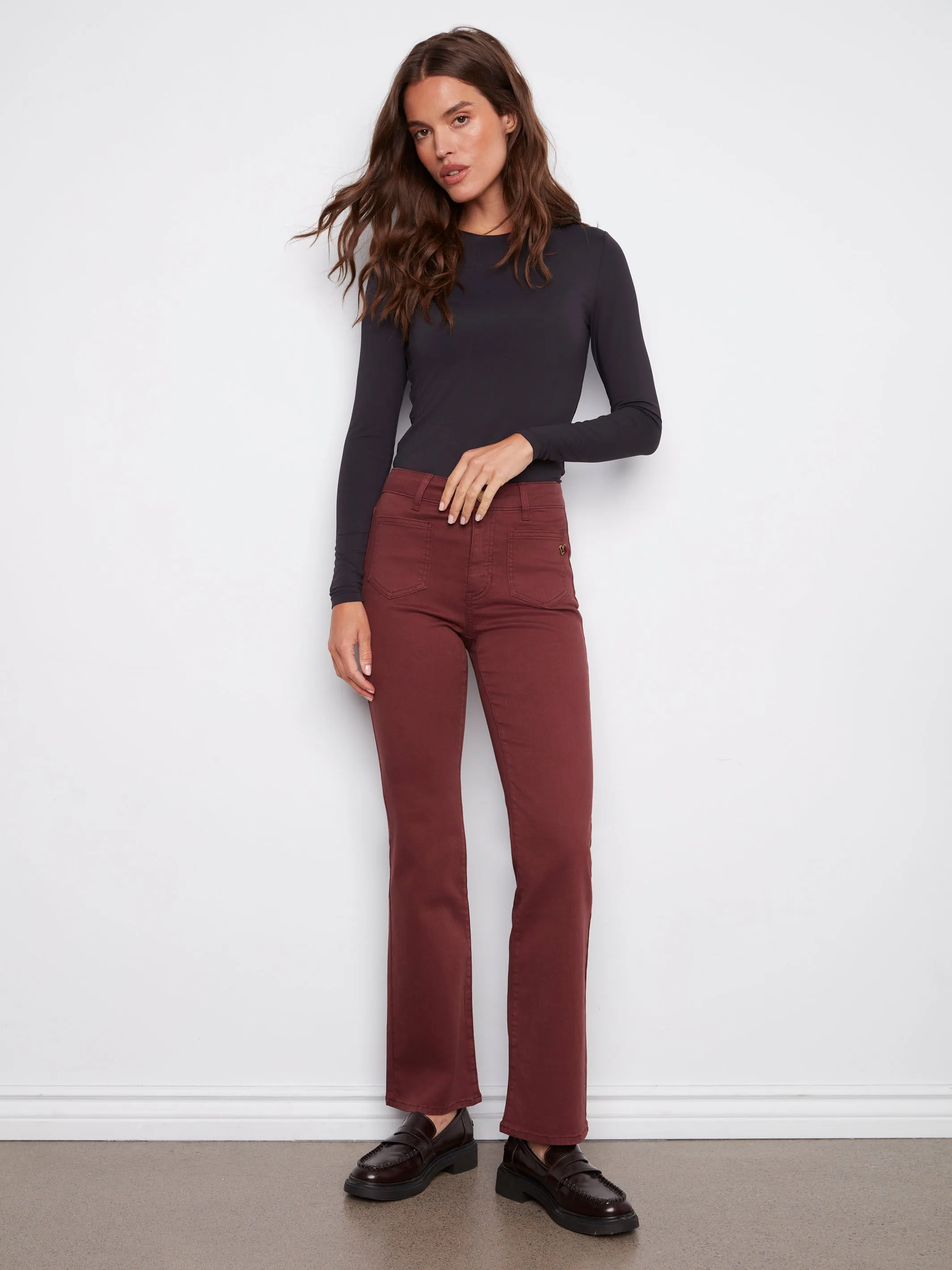 Linen blend Patch Pocket Flare Twill Pants With Rivets - Cabernet