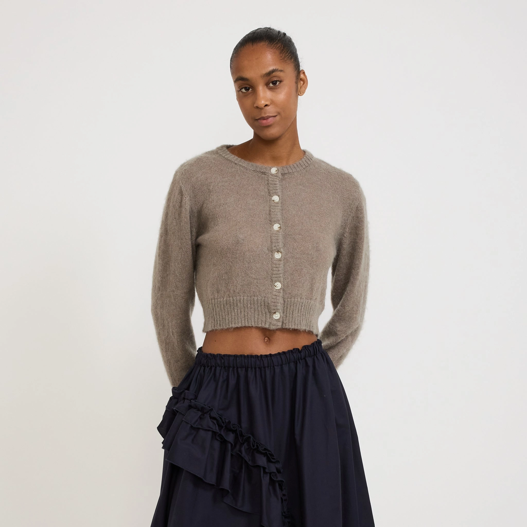 Non Static Fiber Tech Fluffy Mohair Cardigan Mushroom