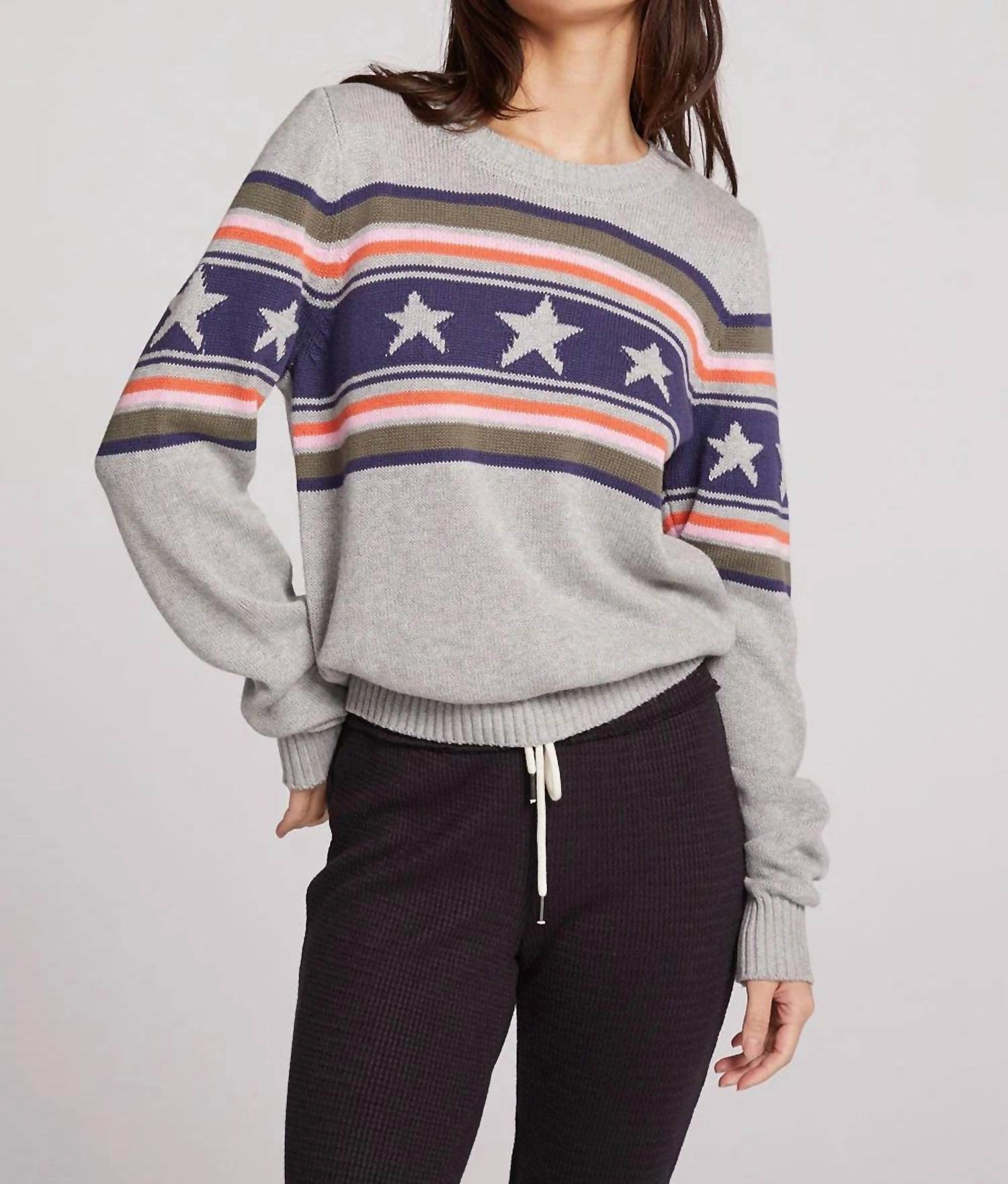 Soft Texture Flexible Fabric Stars Stripe Oversized Sweater In Heather Grey