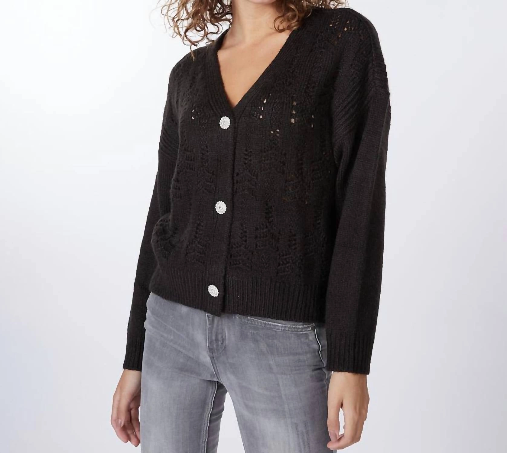 Pointelle Knit Cardigan In Black Merino Wool