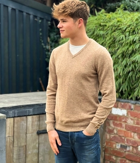 Comfort Stretch Fit Soft And Comfortable Stone Men's Wool Rich V Neck Jumper