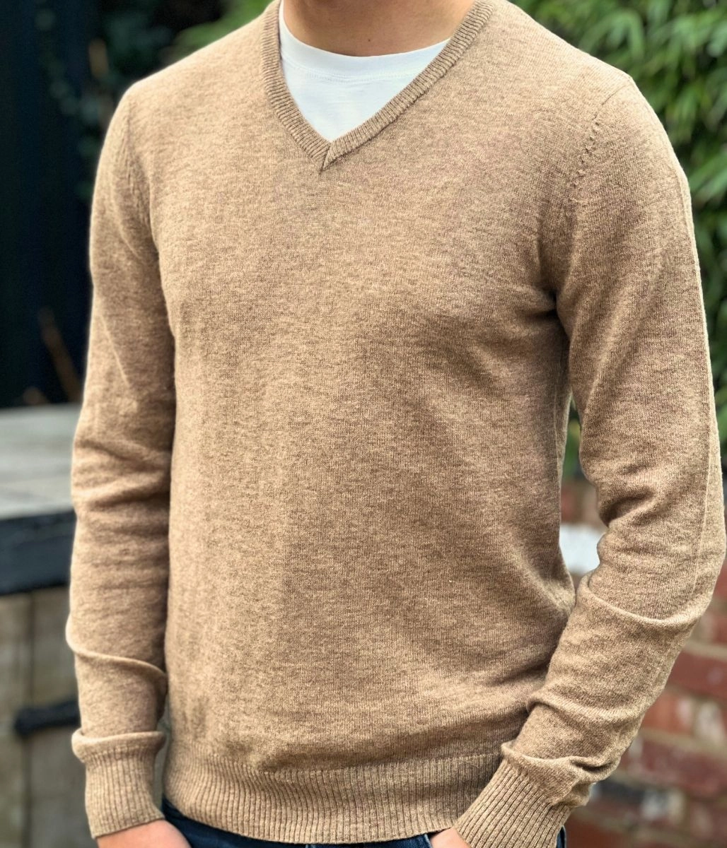 Stone Men's Wool Rich V Neck Jumper Sporty Style Timeless Layer
