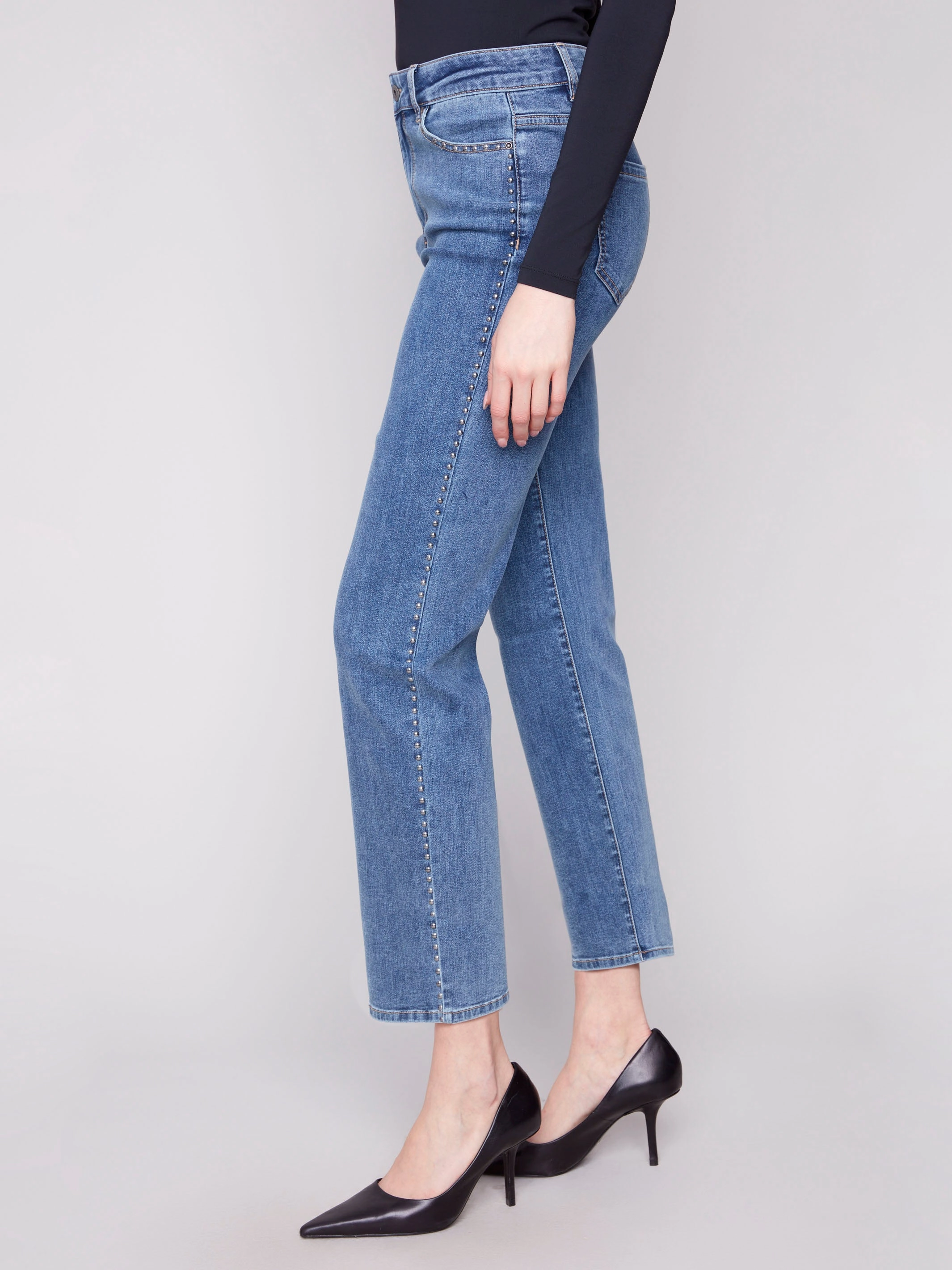 Straight Leg Jeans With Side Studs - Medium Blue Neutral Wear