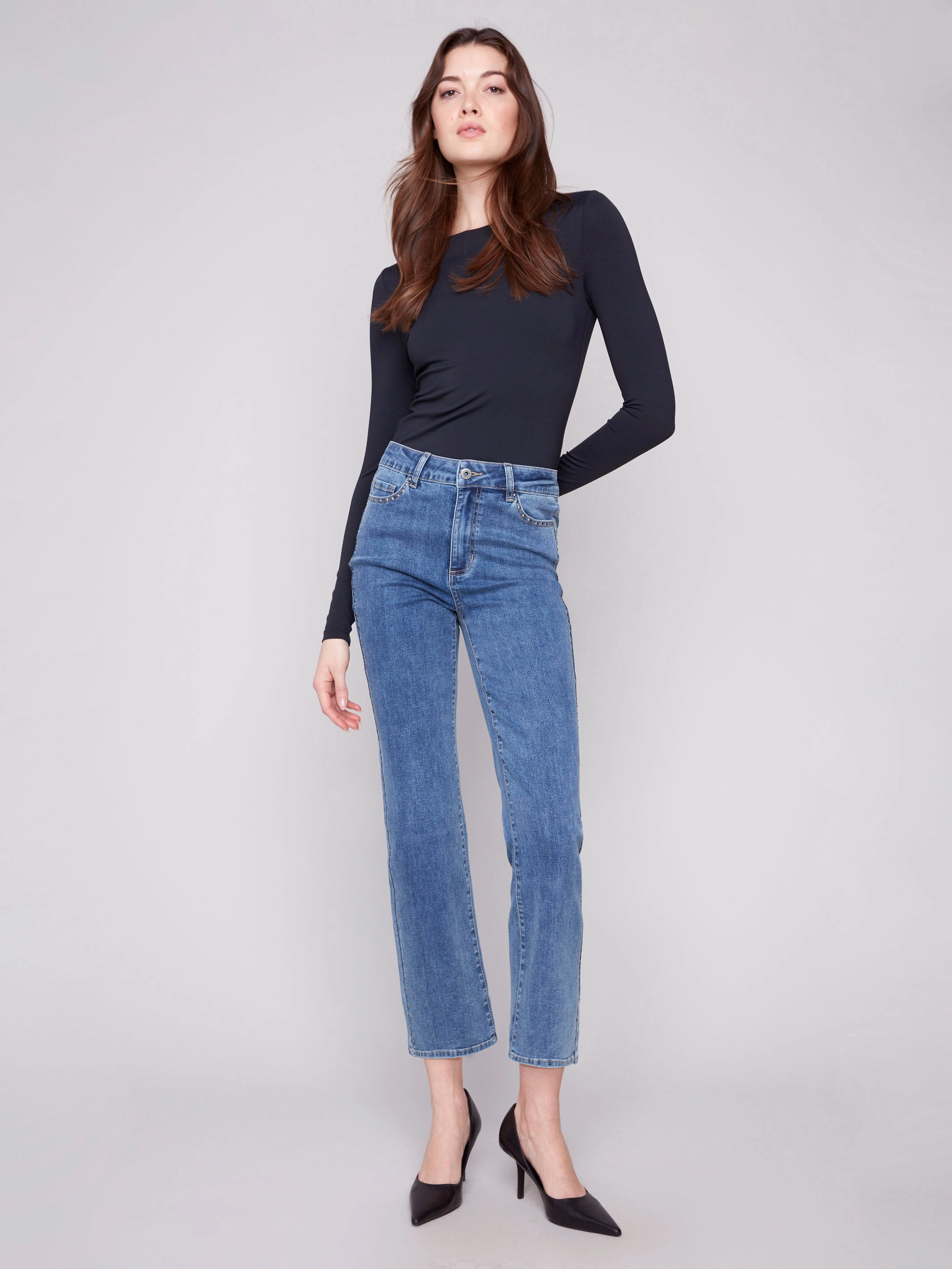 Straight Leg Jeans With Side Studs - Medium Blue Suede Feel High Rise