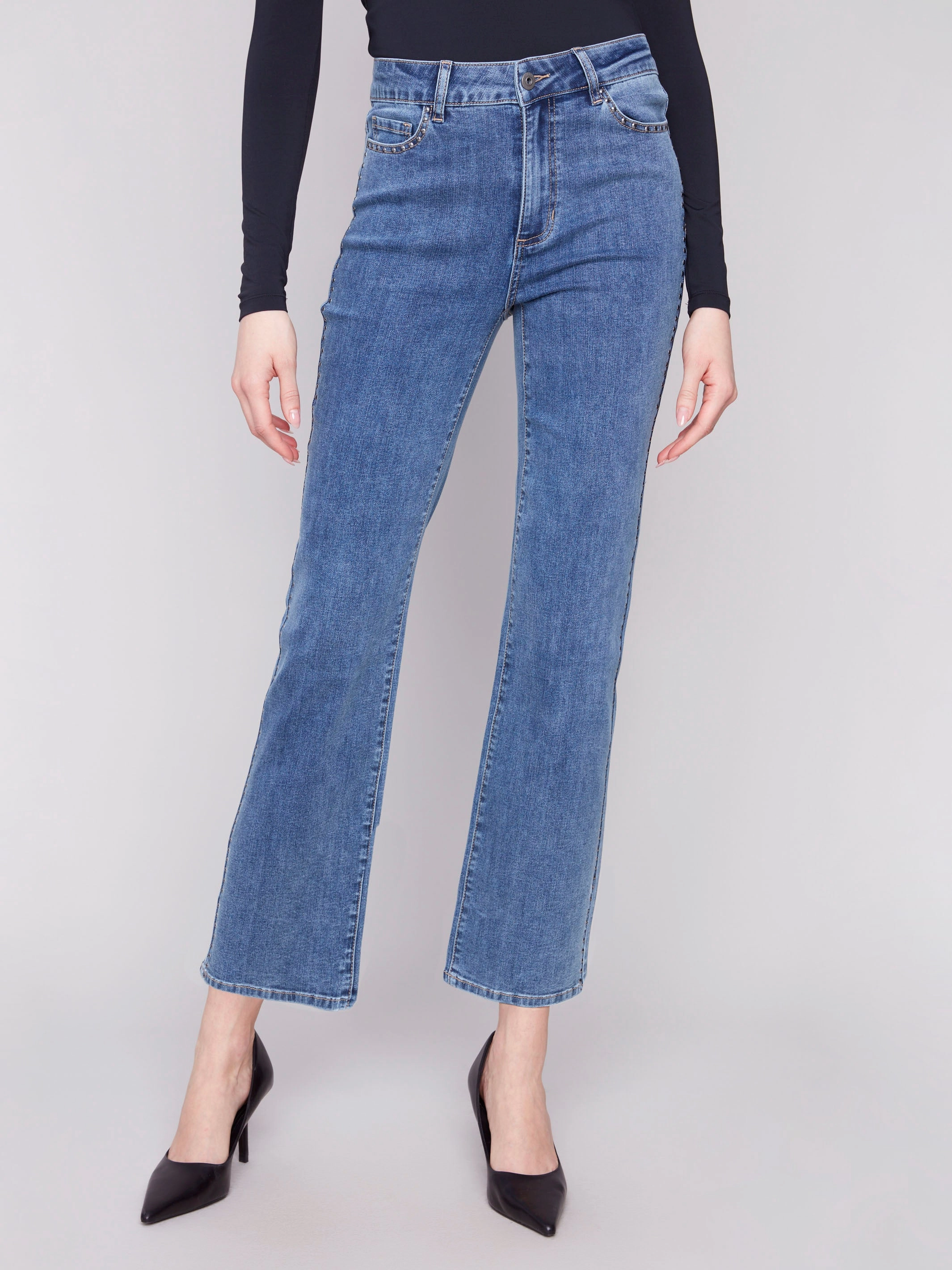 All Day Comfort Straight Leg Jeans With Side Studs - Medium Blue