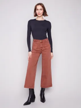 Breathable Design Perfect Design Patch Pocket Flare Twill Pants - Sepia