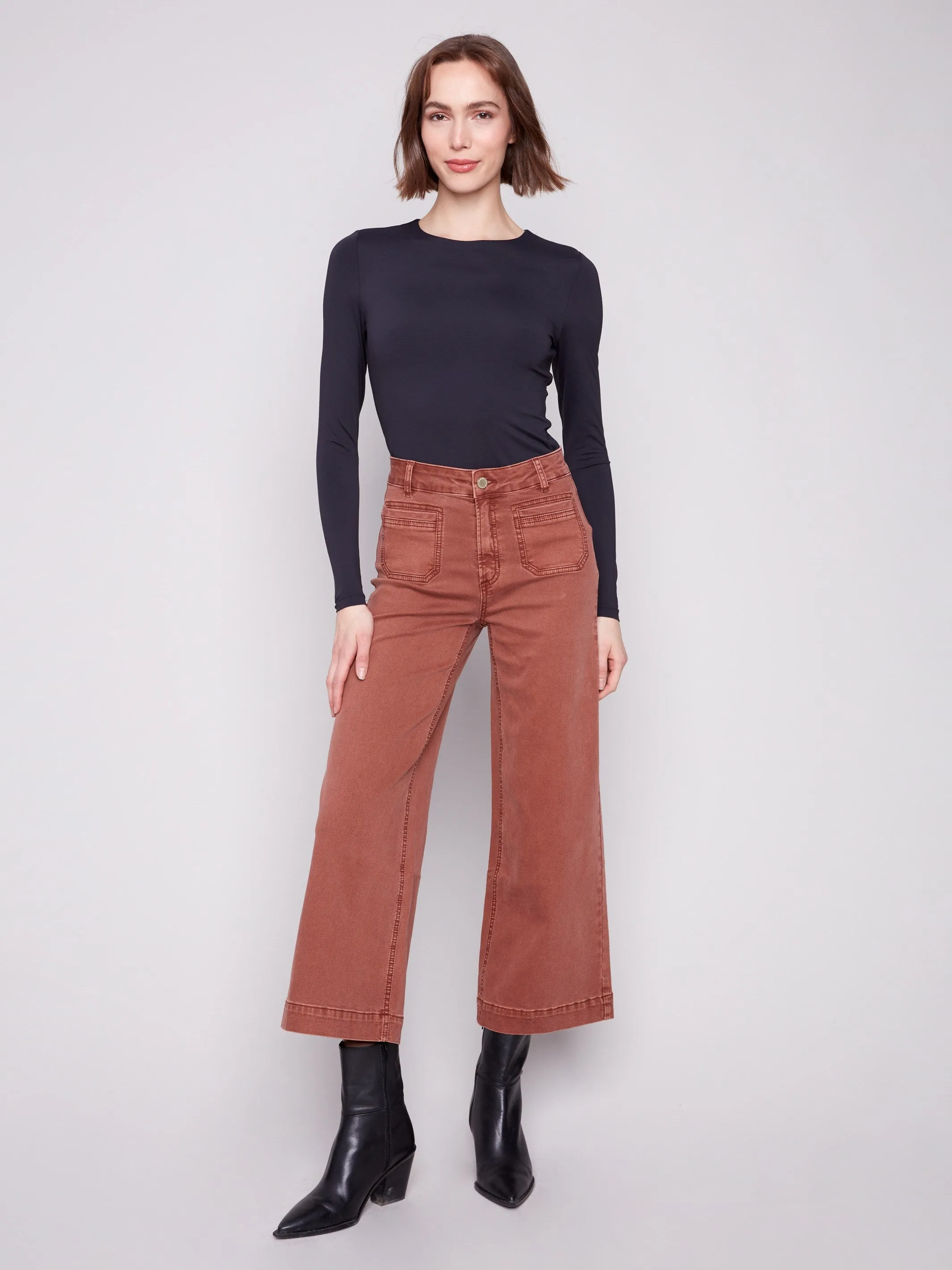 Breathable Design Perfect Design Patch Pocket Flare Twill Pants - Sepia