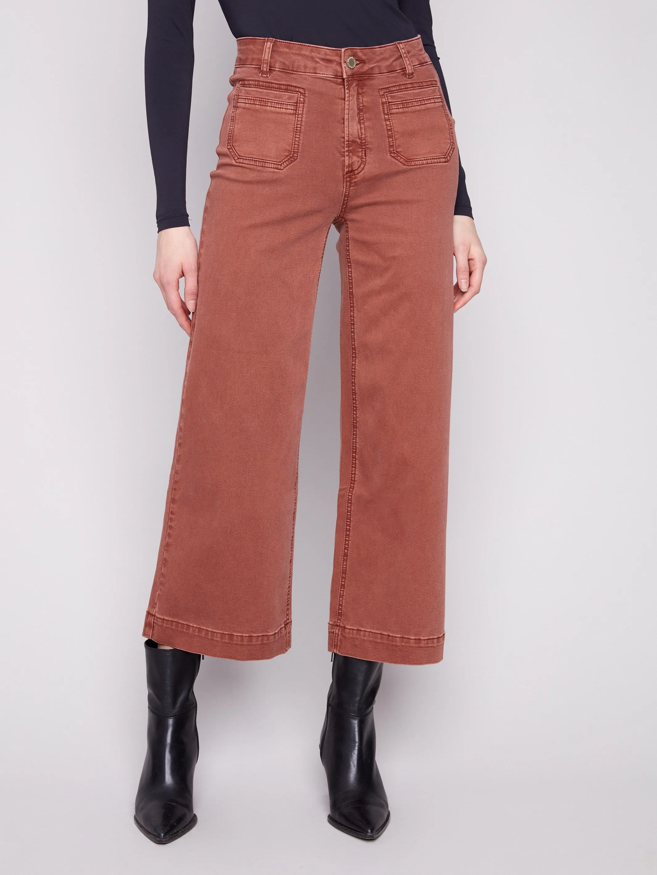 Neutral Style Patch Pocket Flare Twill Pants - Sepia