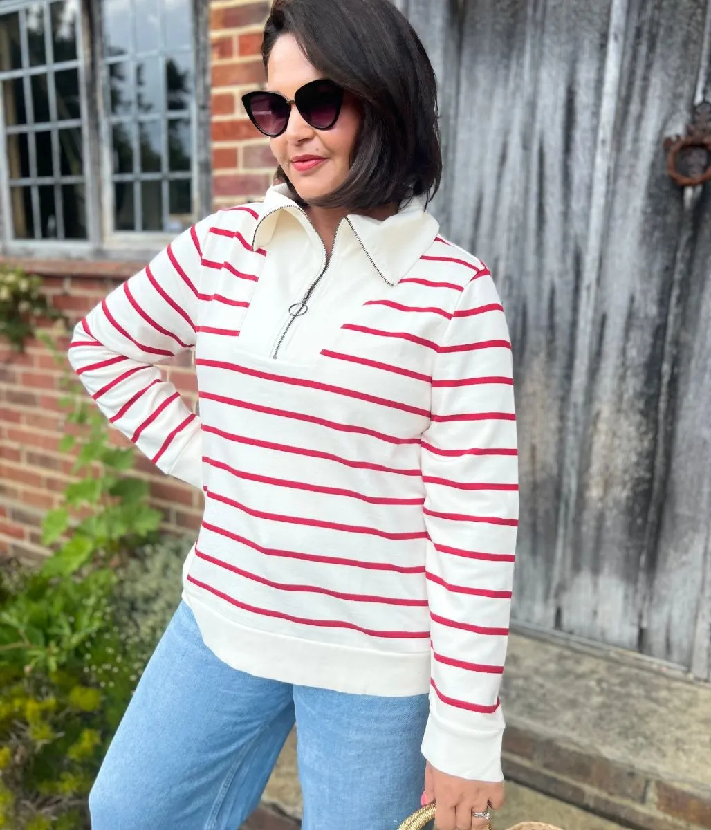 Ivory Striped Ex Seasalt Tideline Half Zip Sweatshirt Compact Thermal Insulation Flexible Waistband