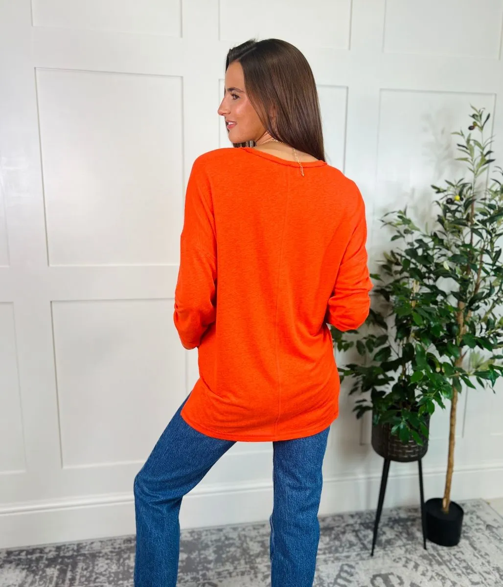 Orange Linen Rich Raw Hem Top Layered Look
