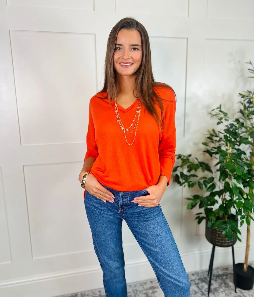 BreathableMeshInsert Fitted Design Orange Linen Rich Raw Hem Top