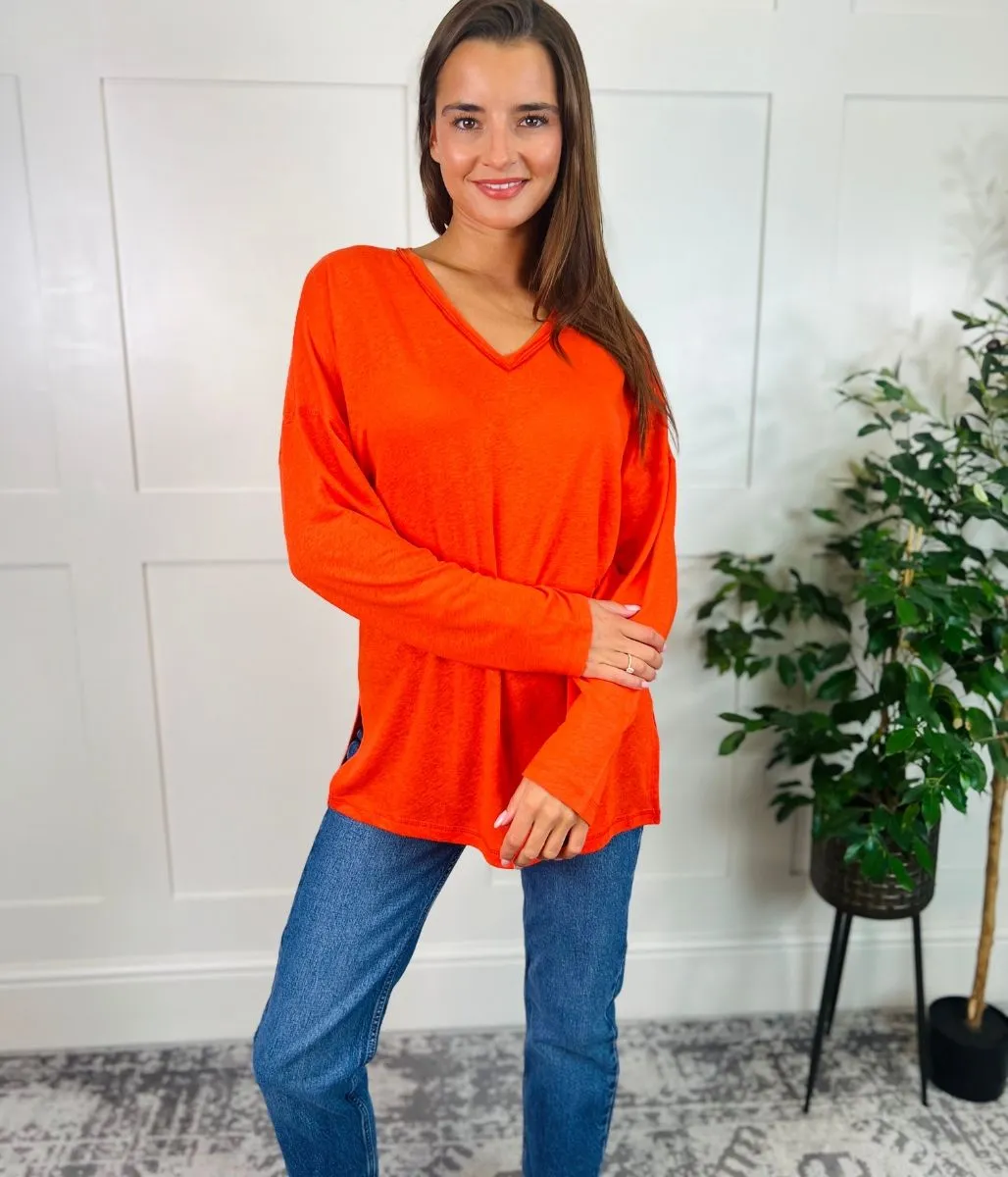 Recycled Material Blend WrinkleFree Fabric Orange Linen Rich Raw Hem Top