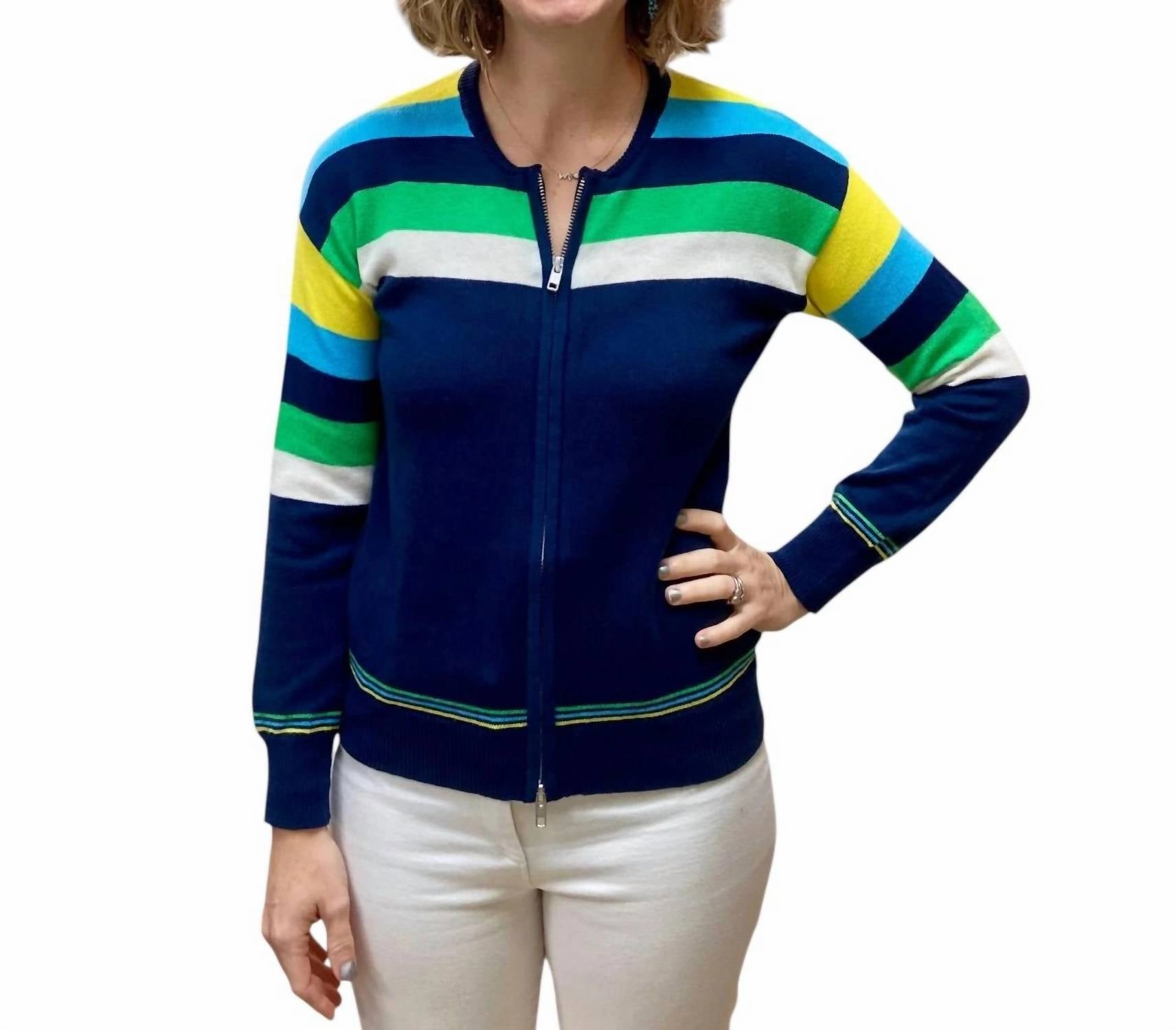 Stripe Long Sleeve Cardigan In Turquoise Snug & Stylish Eco Friendly Knitwear