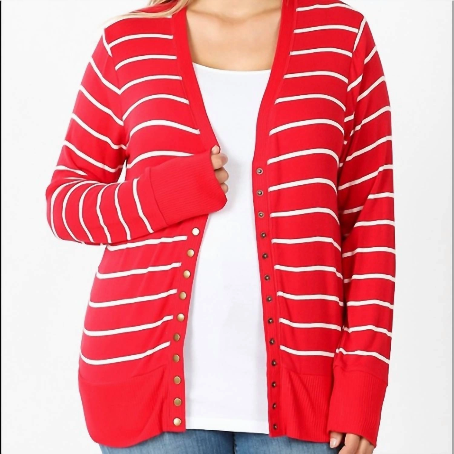 Cozy And Warm Light Reflective Yarn Striped Snap Full Sleeve Cardigan In Ruby
