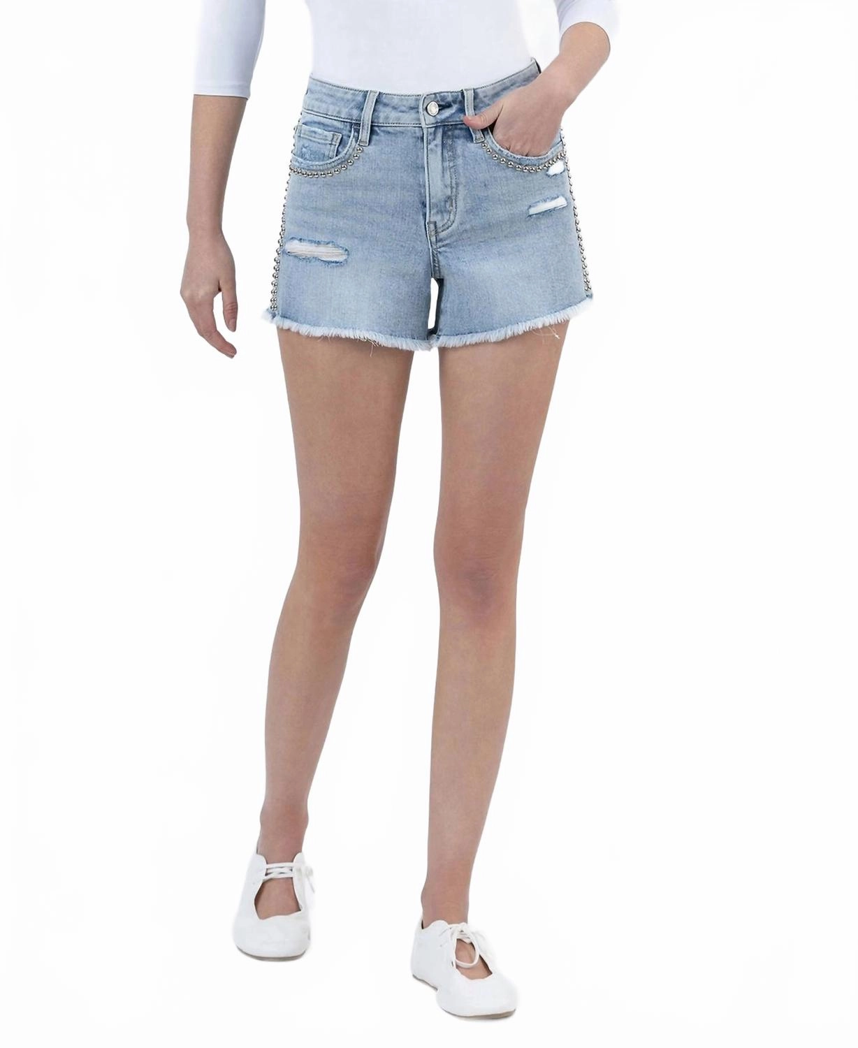 Studded High Rise Denim Shorts With Frayed Hem In Prowess Clean Feel