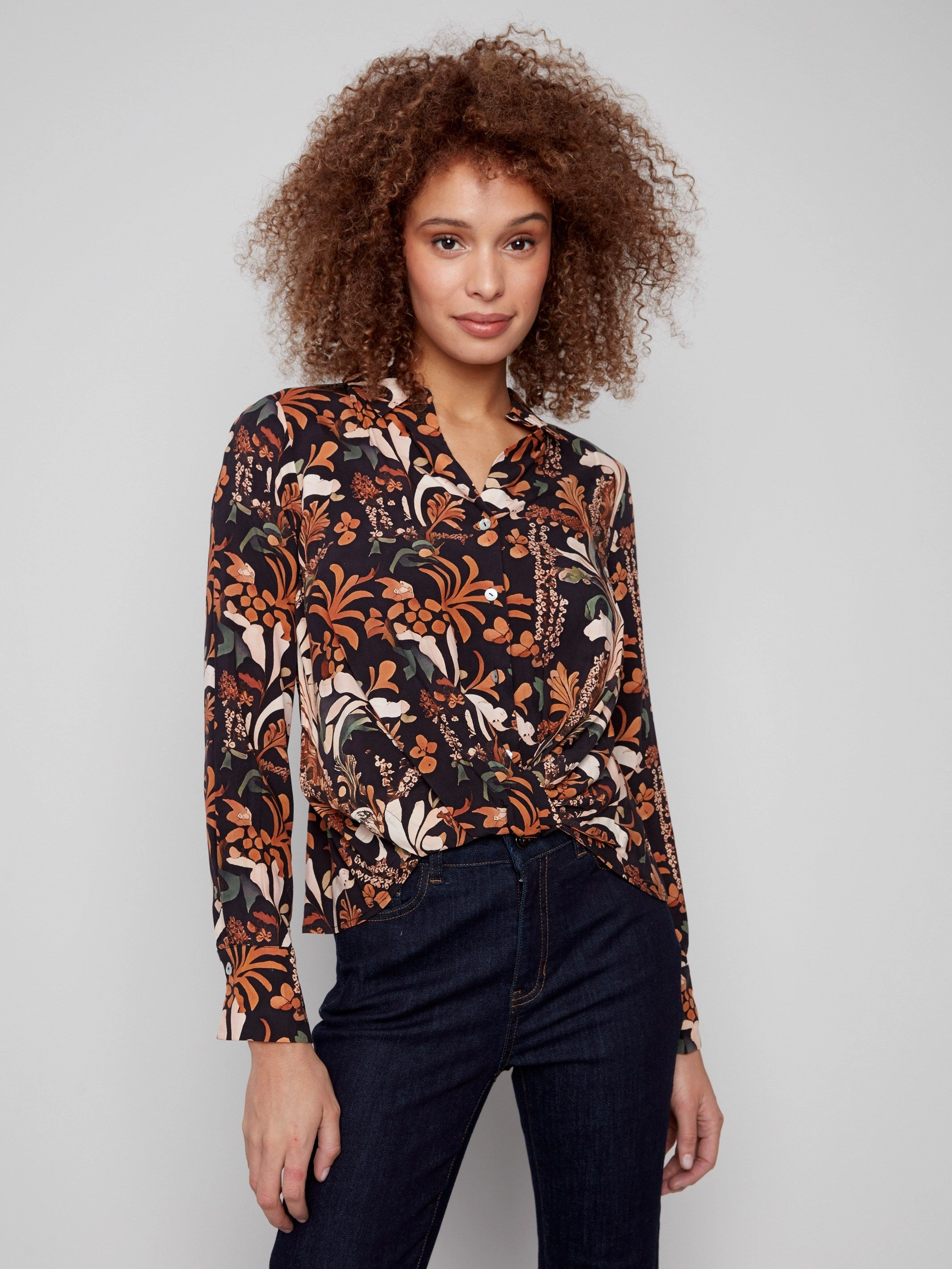 Versatile Clothing Temperature Regulating Printed Viscose Button-Down Shirt With Twisted Front - Batik