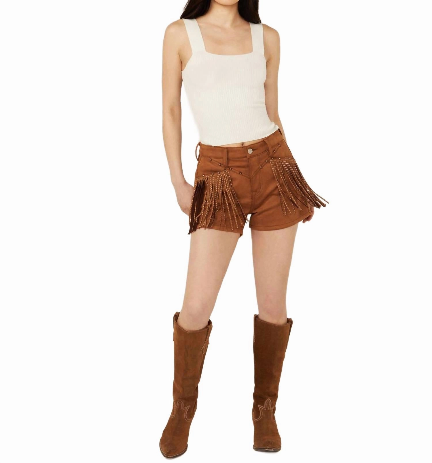 Suede Fringe Shorts In Brown Slip Resistant Inner Lining