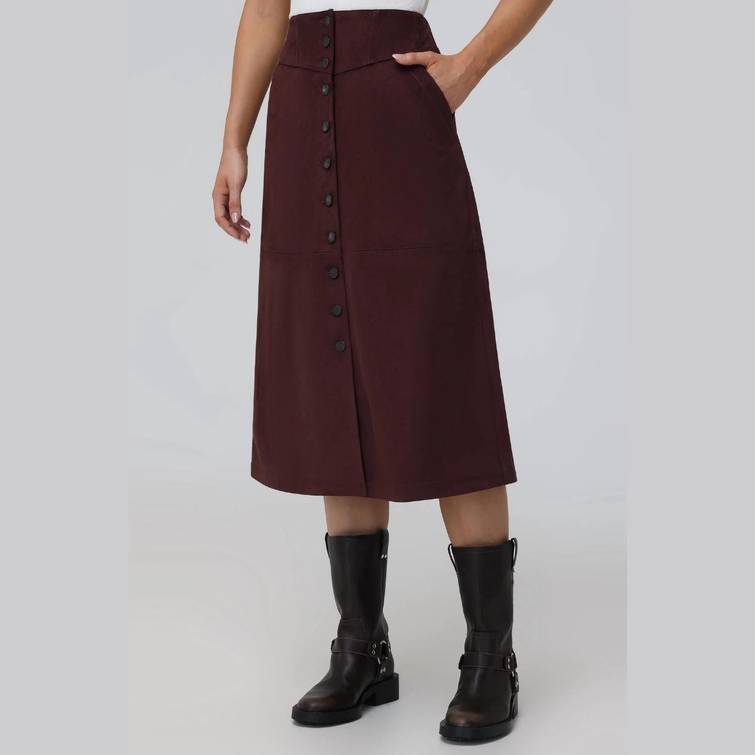 Faux Suede Midi Skirt In Burgundy Water resistant coating
