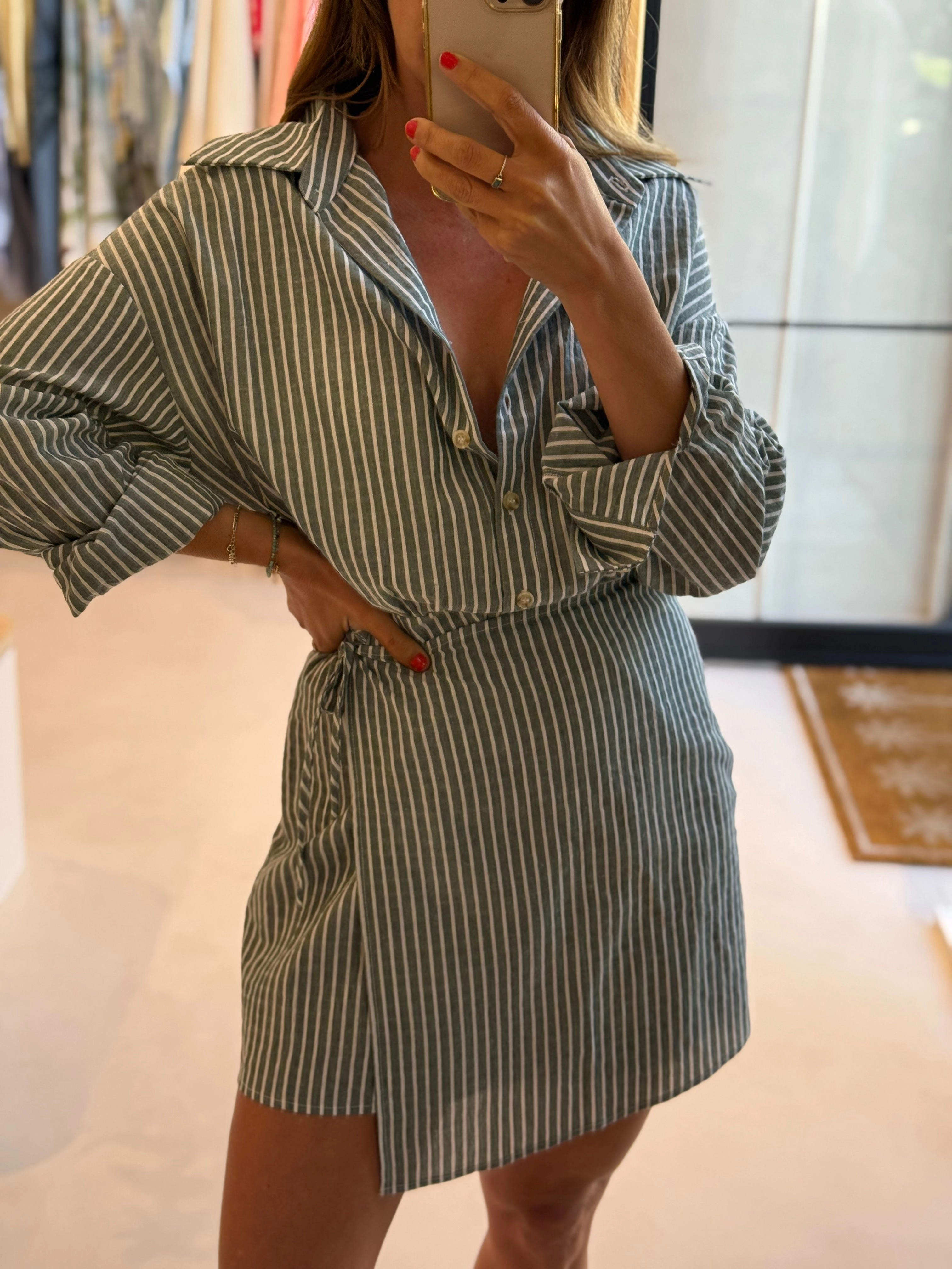 Feminine Cut No Fuss Fit KALLIINI MINI DRESS - GREEN STRIPE