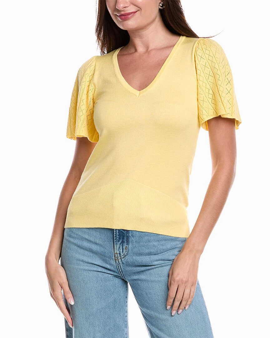 fuzzy texture Casual Styling T Tahari Pointelle V-neck Top