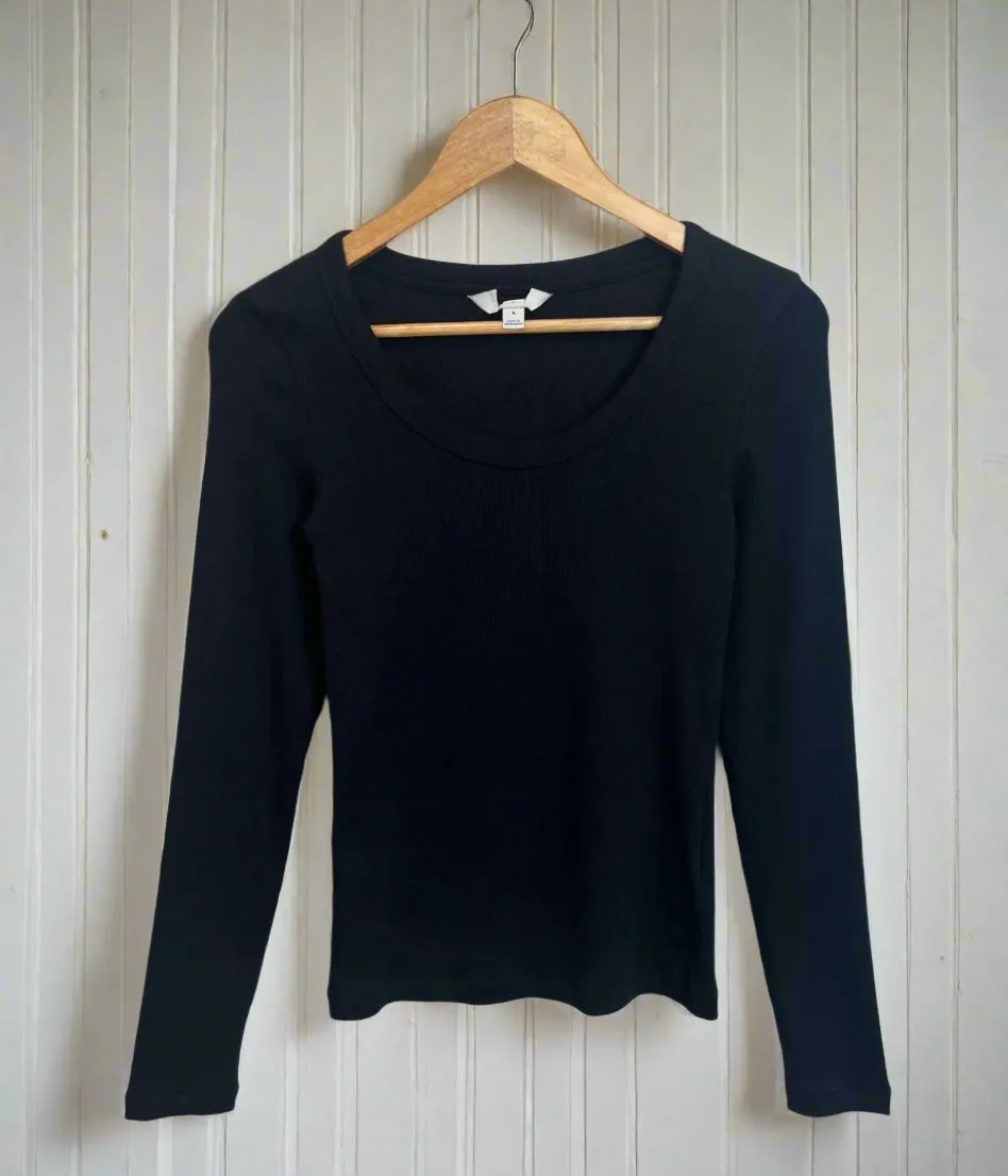 Black Ribbed Long Sleeve Top HypoallergenicMaterial Thermal Regulation Technology