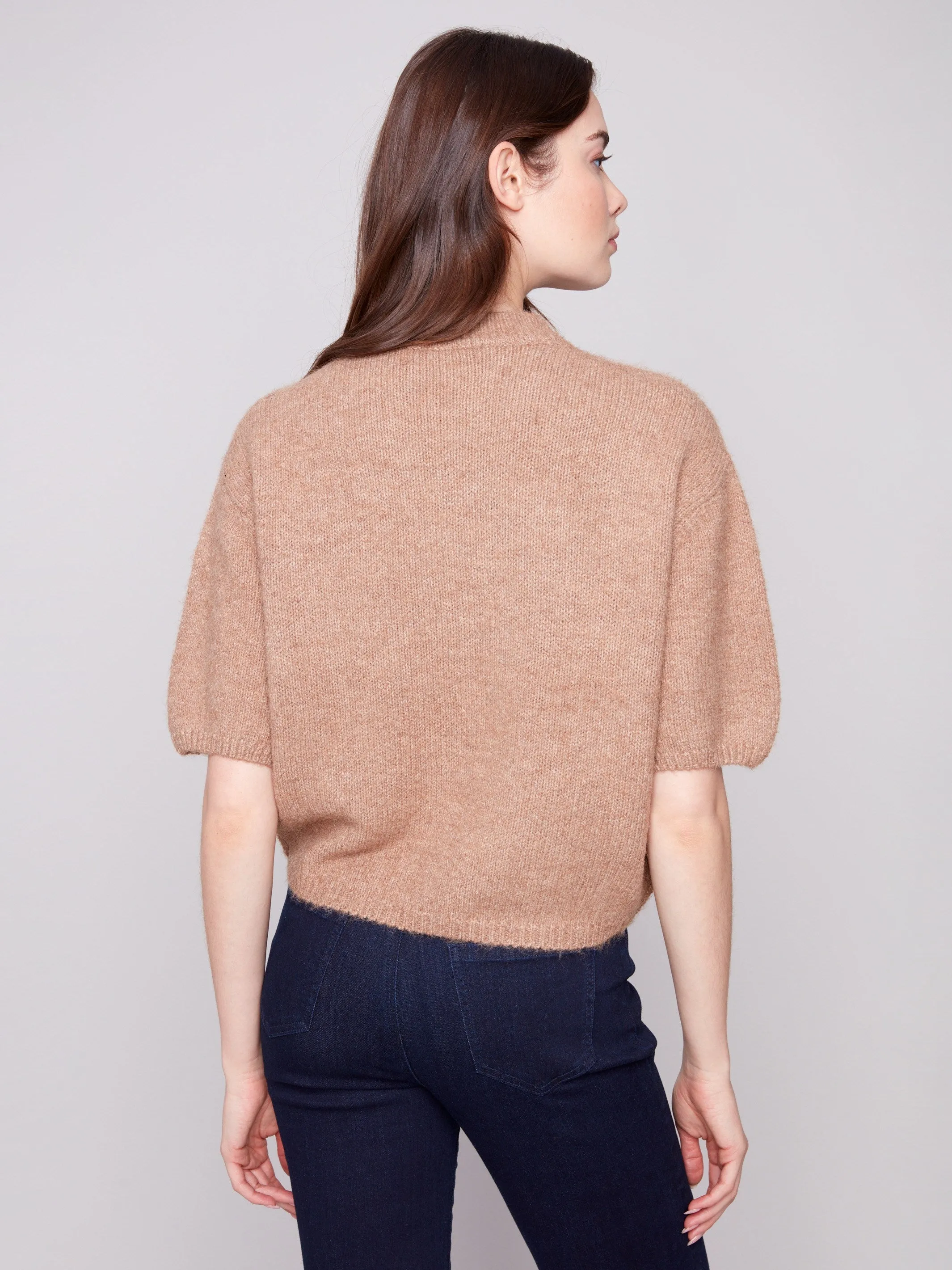 Reinforced Neckline Basic Layer Balloon Elbow Sleeve Knit Sweater - Truffle