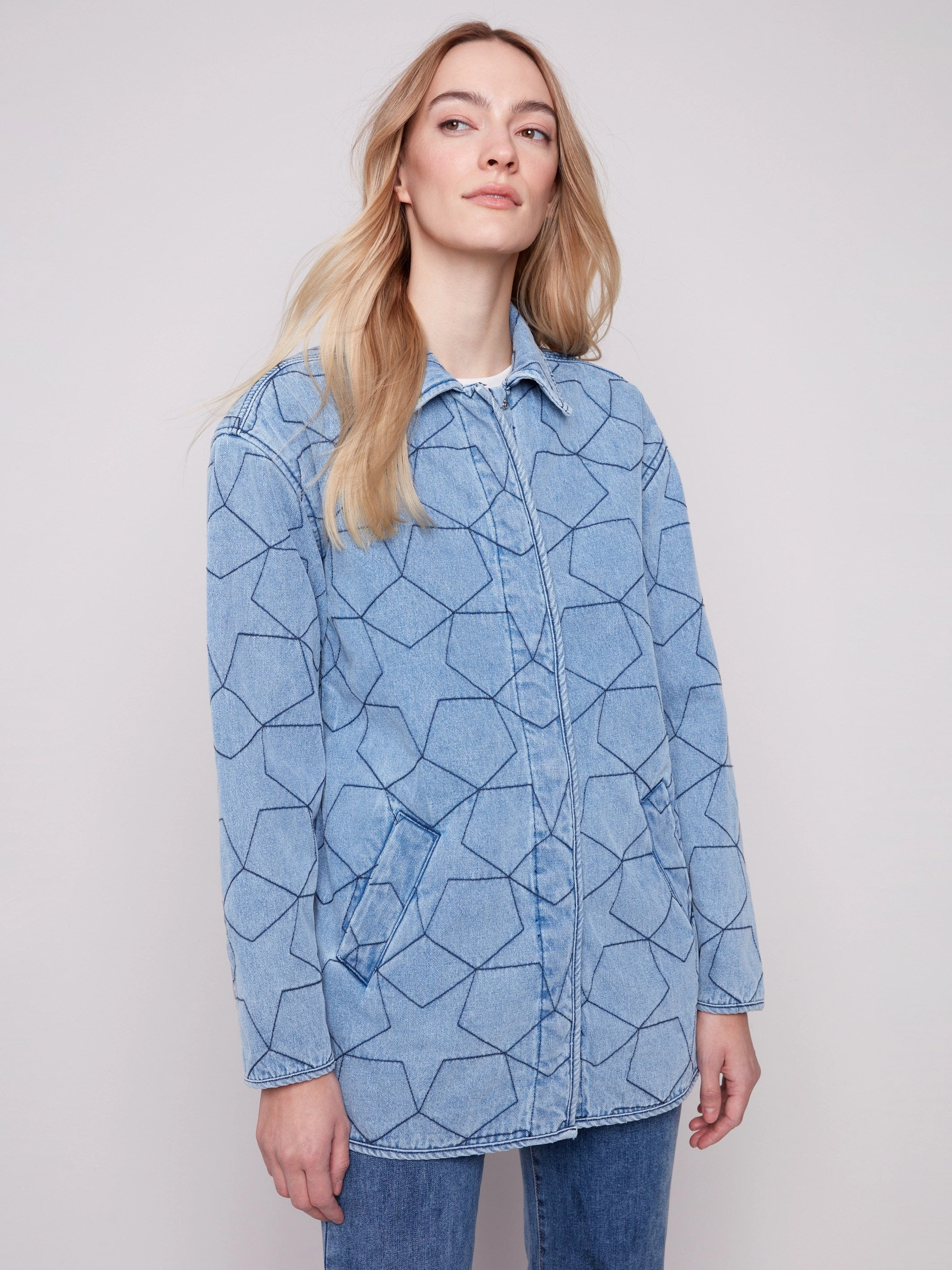 Cotton Twill Star Quilted Denim Jacket - Light Blue